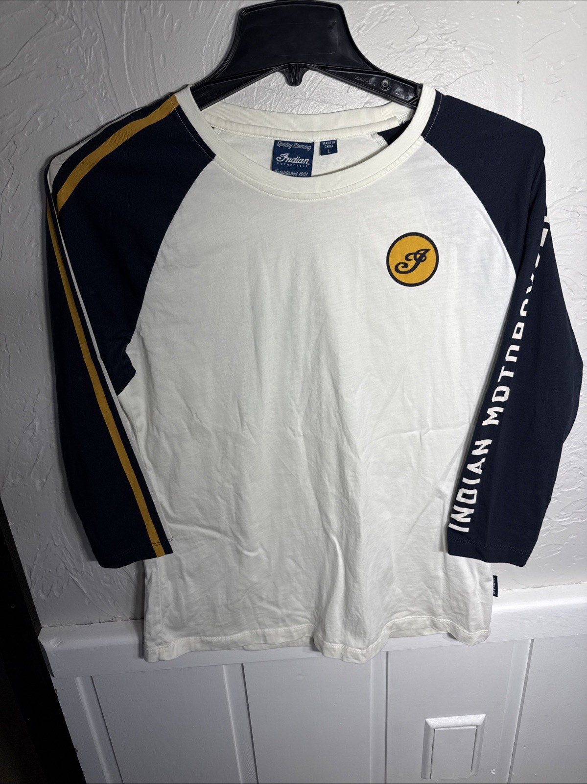 Indian Motorcycle WMs L Speedway 3/4 Sleeve Raglan Tshirt 100% Cotton White/blue