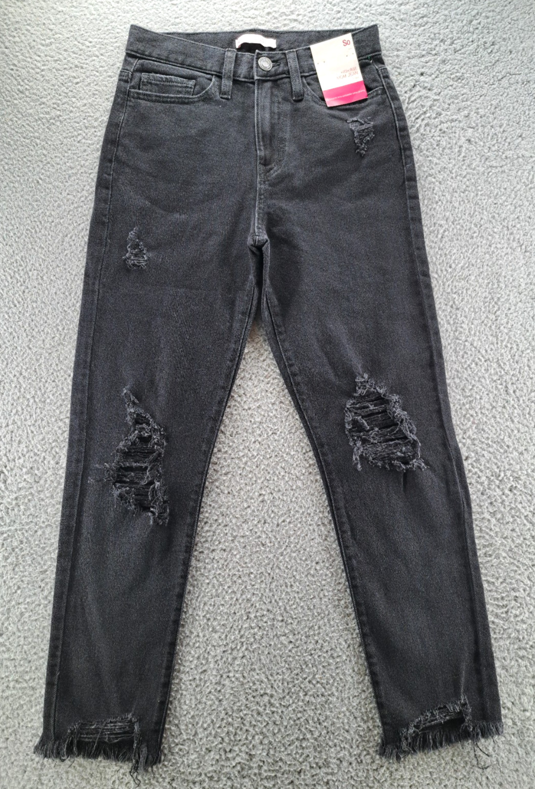 SO Jeans Womens 1 Black High Rise Mom Jean Distressed Raw Hem Stretch 27×26 NWT