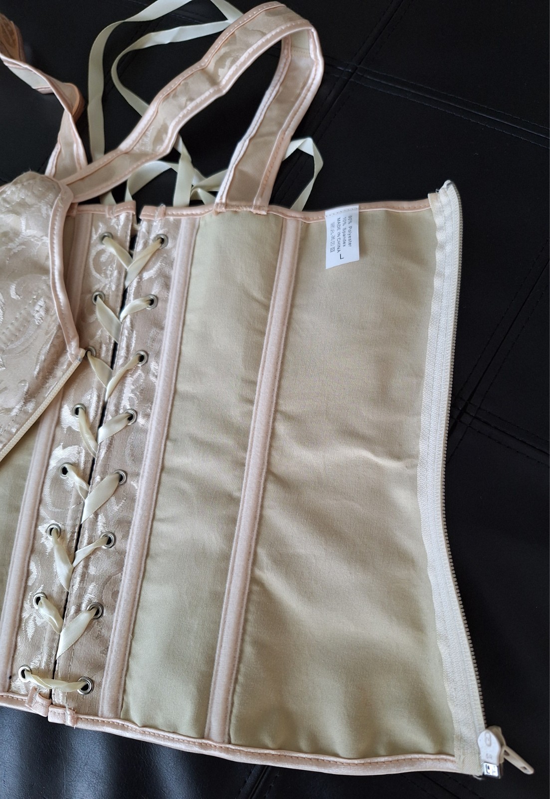 NEW Beige Satin Jacquard Strap Bustier Ribbon Lace up & Zipper Closure Corset L