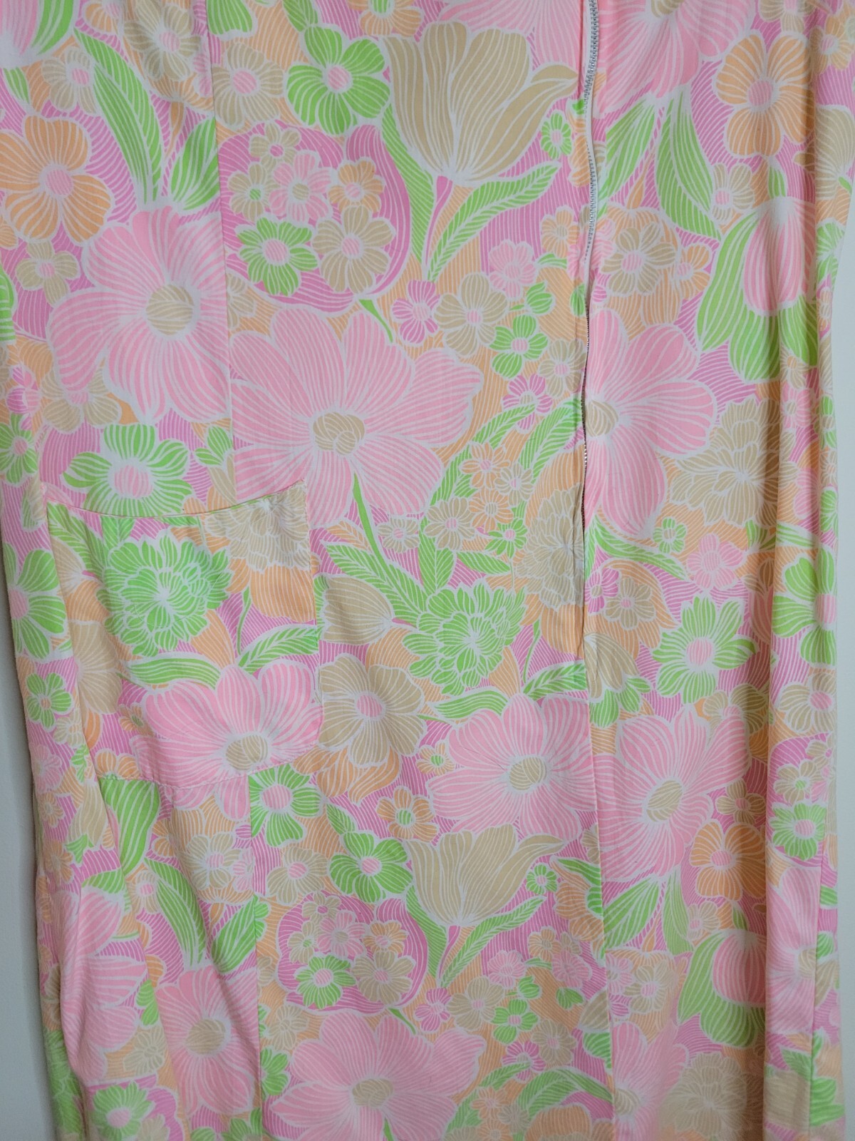 Vintage Shaker Square Neon Floral Zip Front A-Line Shift House Dress