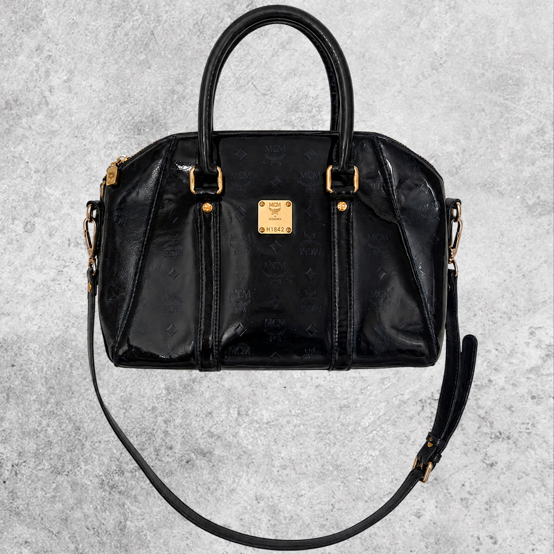 MCM Bag Luxury Black Patent Monogram Satchel Boston Bag Gold Hardware Glossy