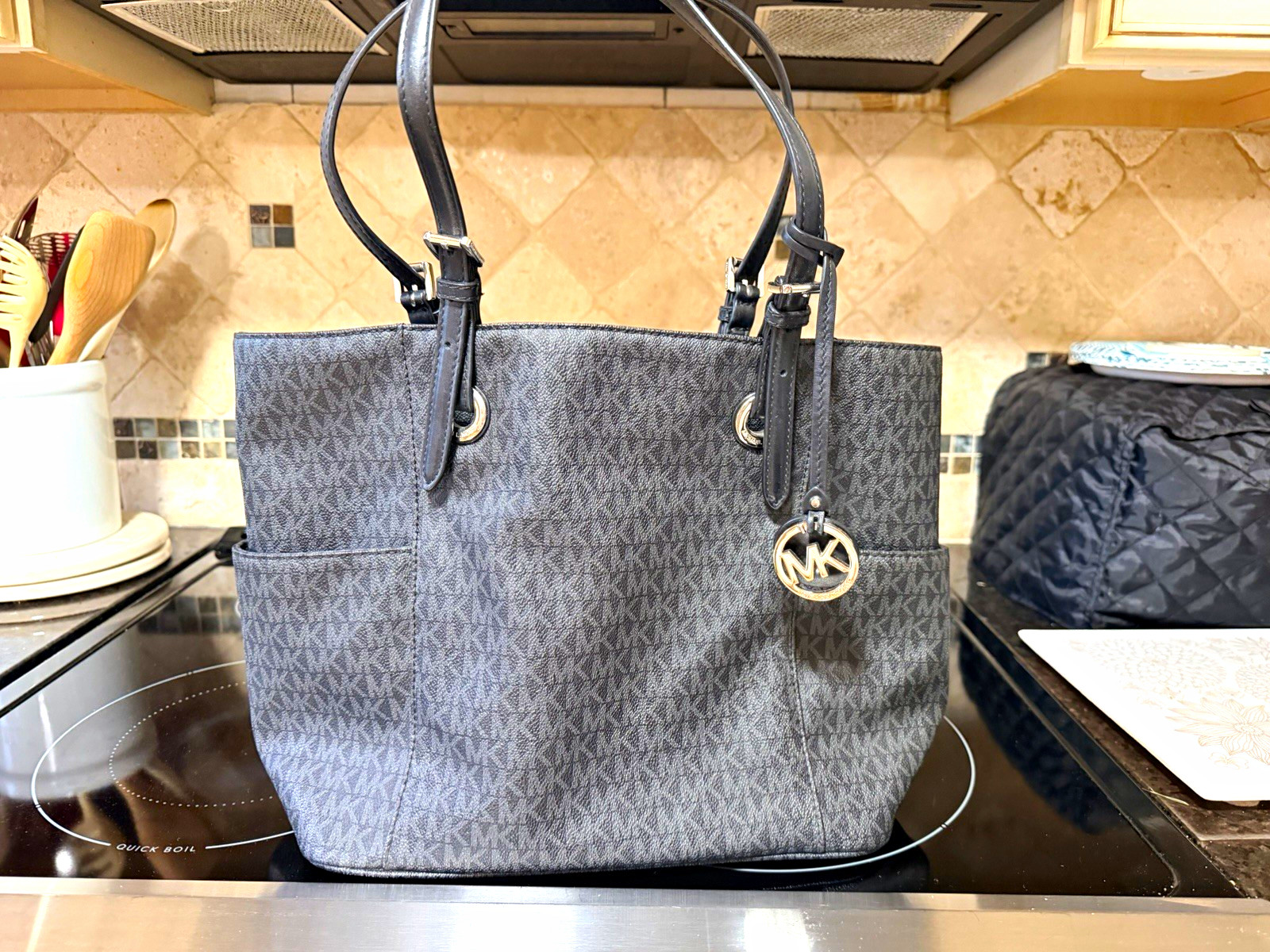 Michael Kors Signature Monogram Tote Shoulder Bag Zip Pockets Charm Hardware