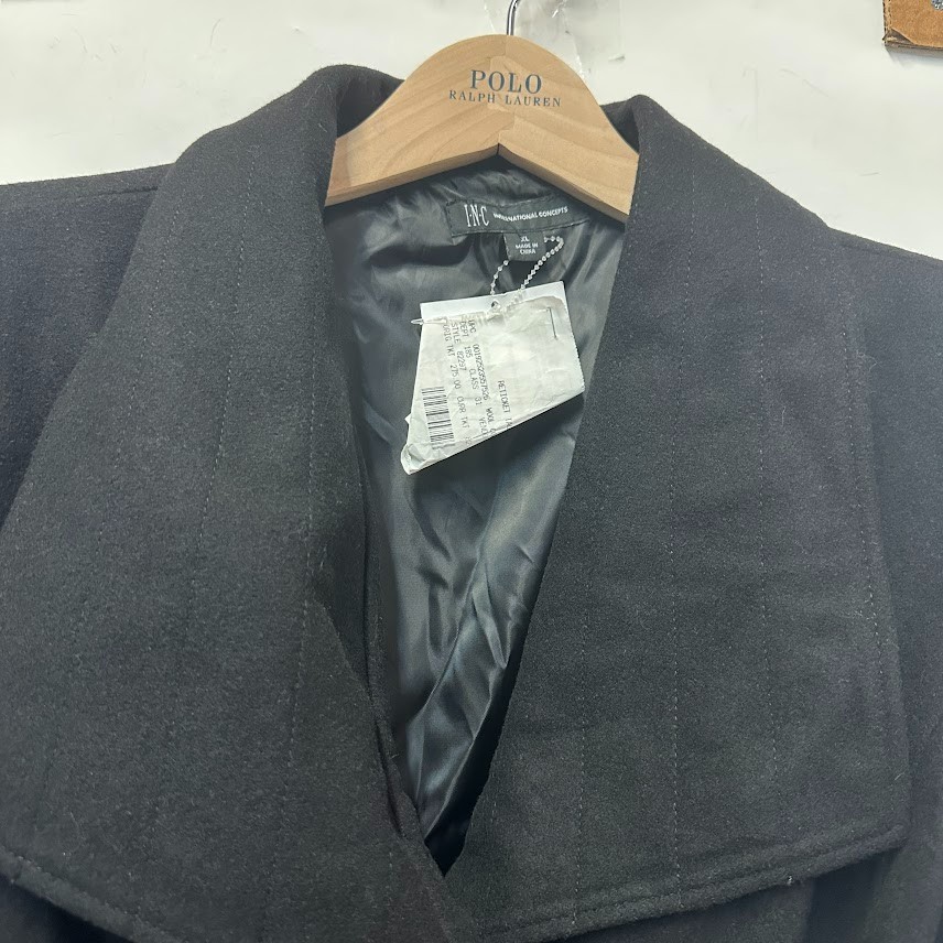 INC Womens XL Black Button Up Tie Waist Mid Thigh Length Coat Retag CS53