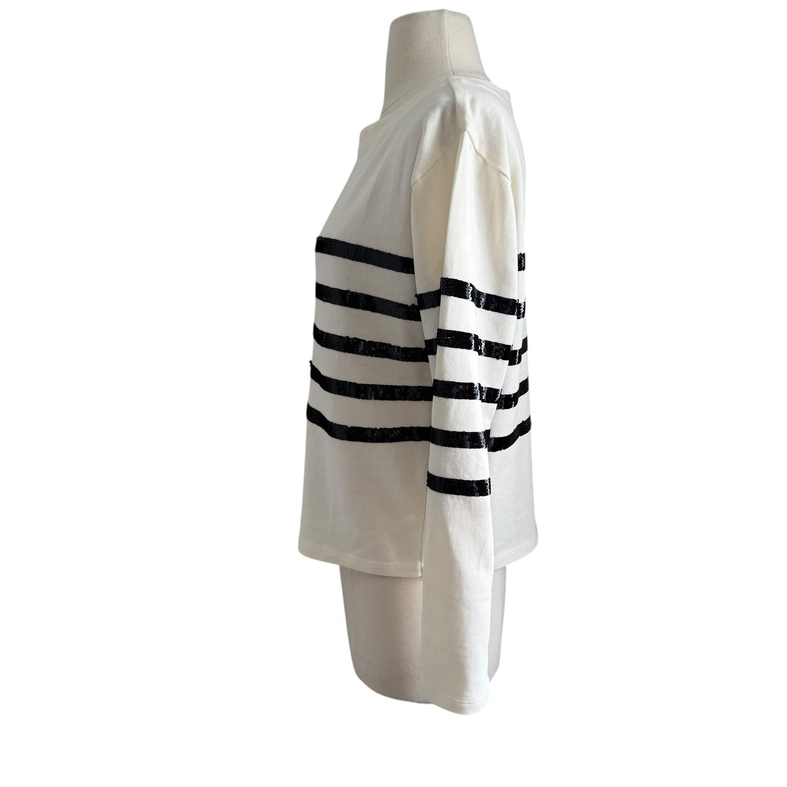 J Crew Mariner Jersey Cropped Boatneck Sequin Top Womens SZ XS Black White NWT