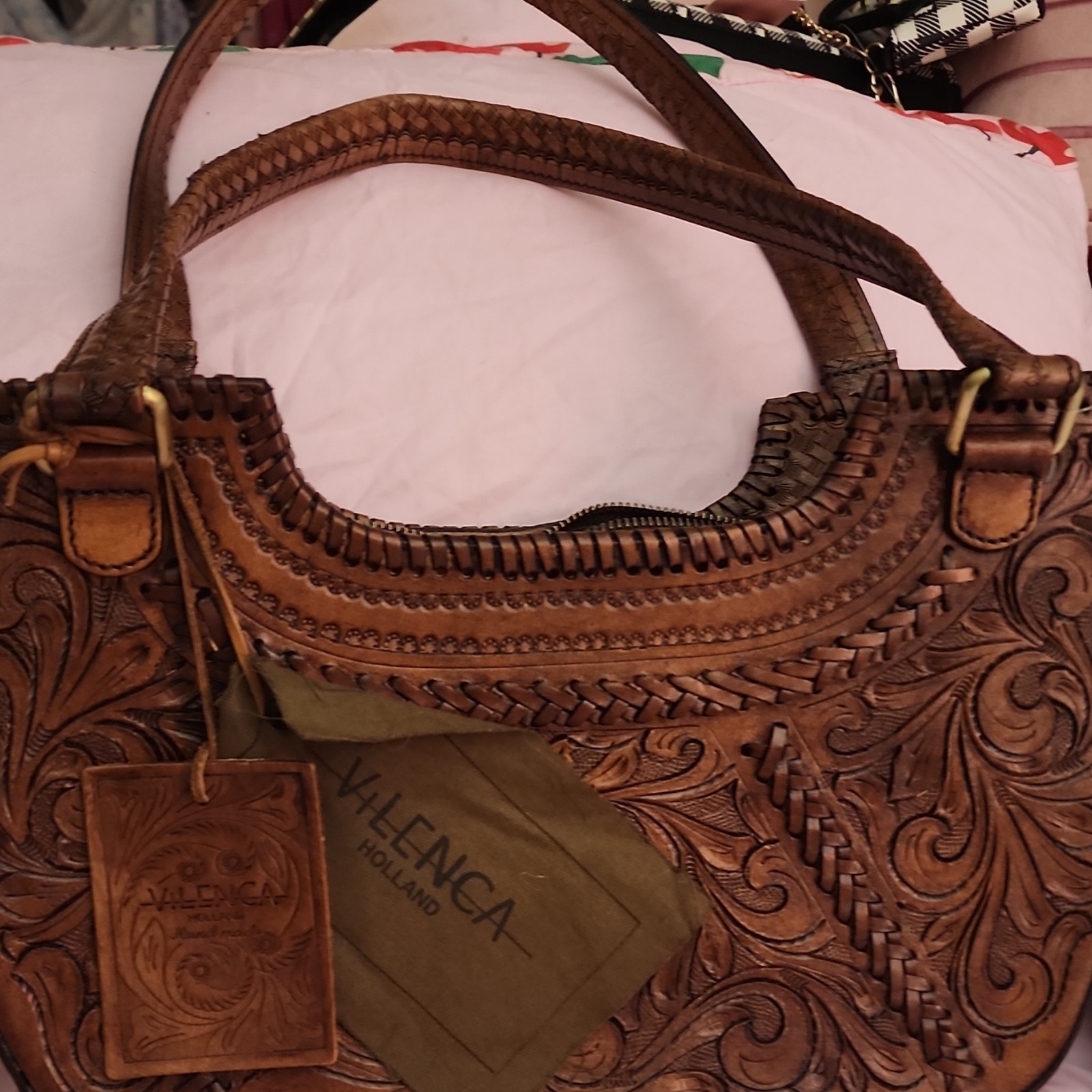Valenca Holland Brown Embossed Floral Top Handle Bag Zip Gold Hardware Studs