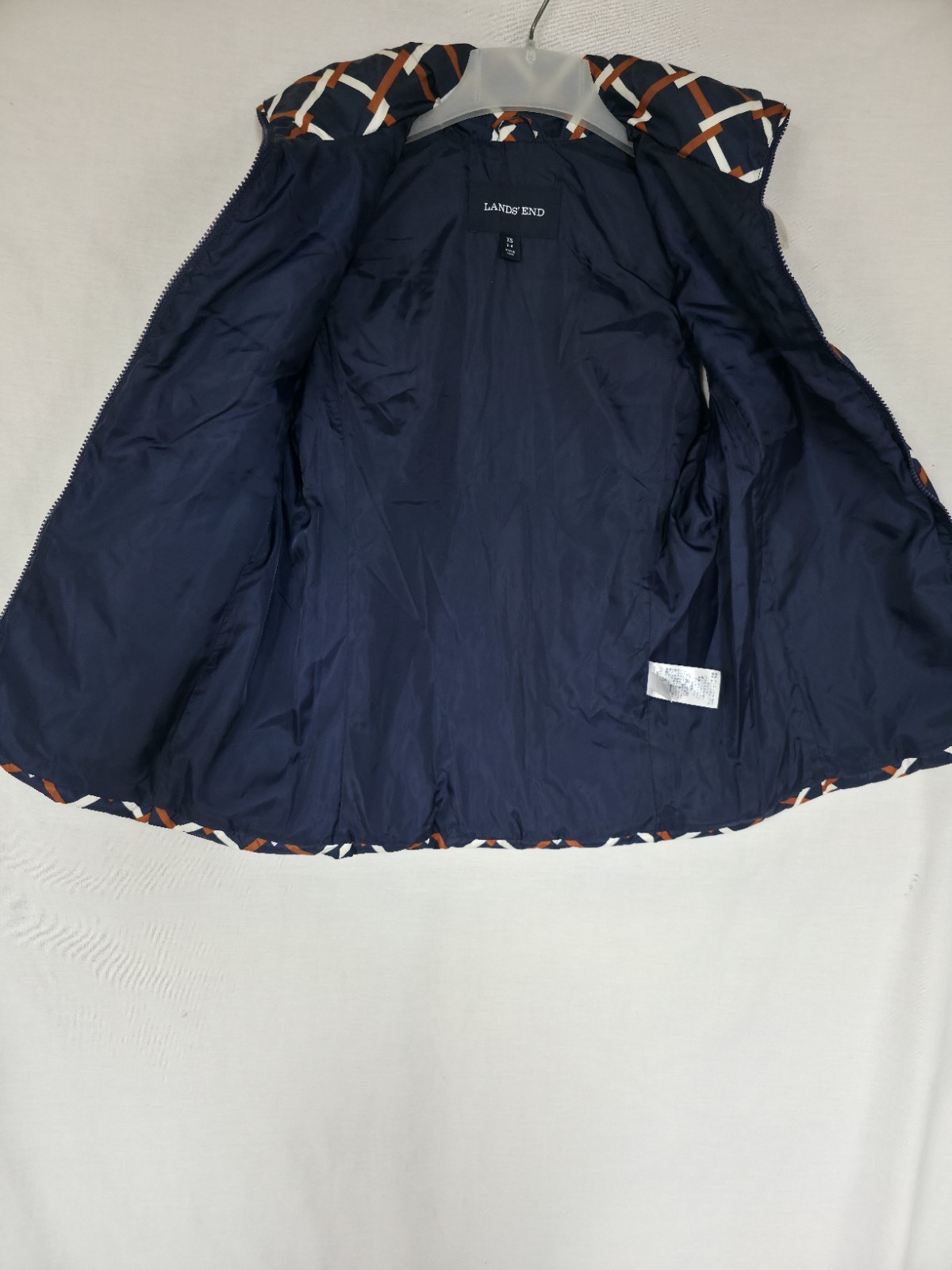 Lands End-Blue/Brown/White Geo Check Sleeveless Full Zip Down Puffer Vest Sz XS