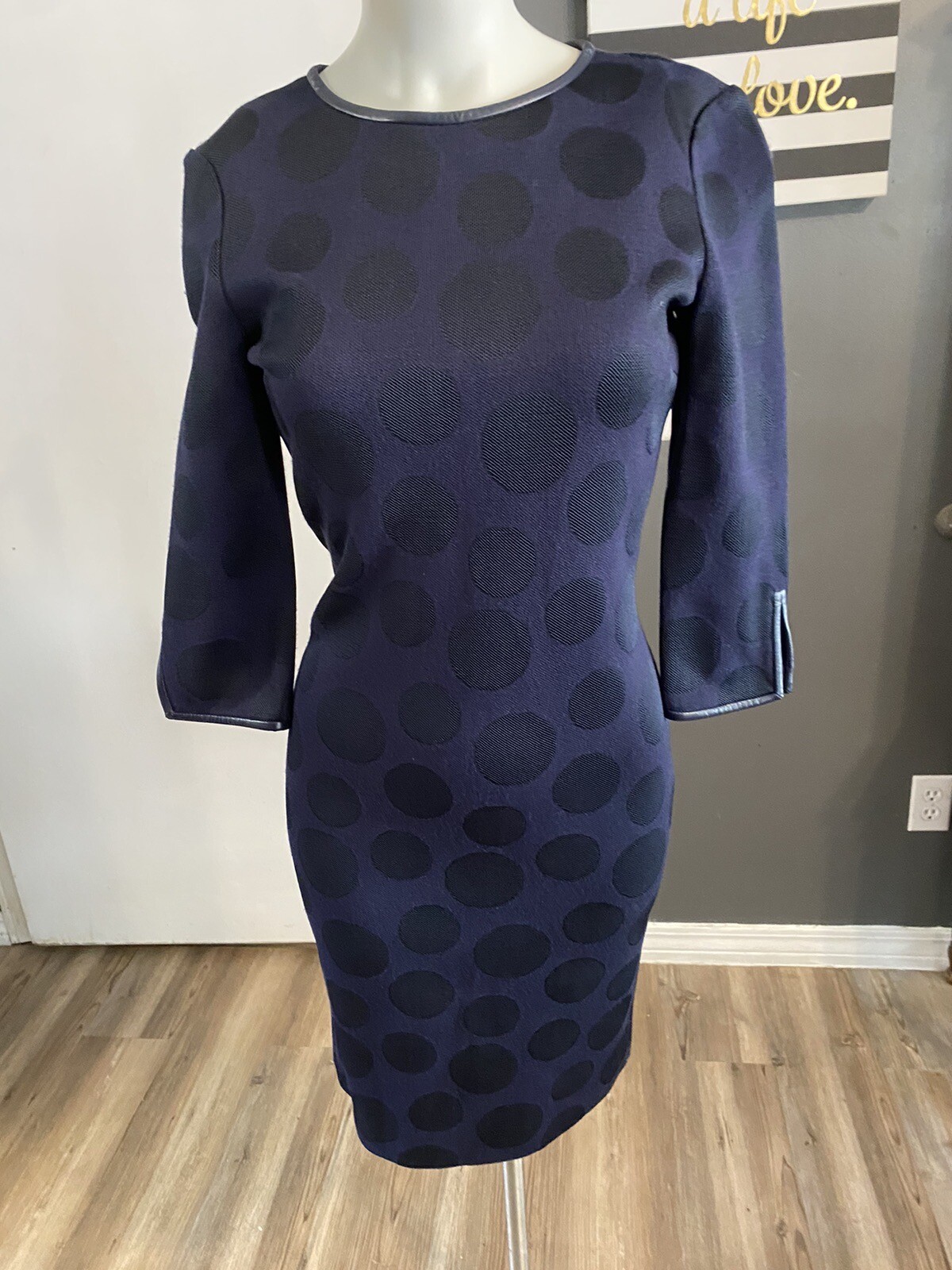 St. John Knit Jacquard Shift Dress Sz 0 Navy Dots Wool Blend 3/4 Slv Fall
