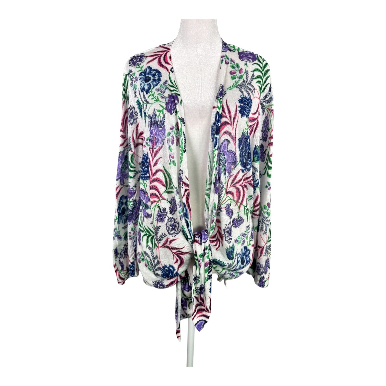 Chico’s 3 XL Lightweight Open Cardigan Ramie Rayon White Floral Tie Front