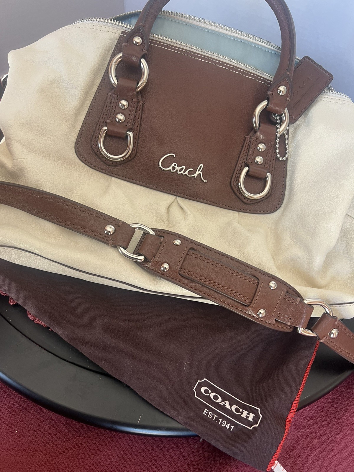 COACH Cream with brown Satchel Cross Body Shoulder Bag Purse w/keychain