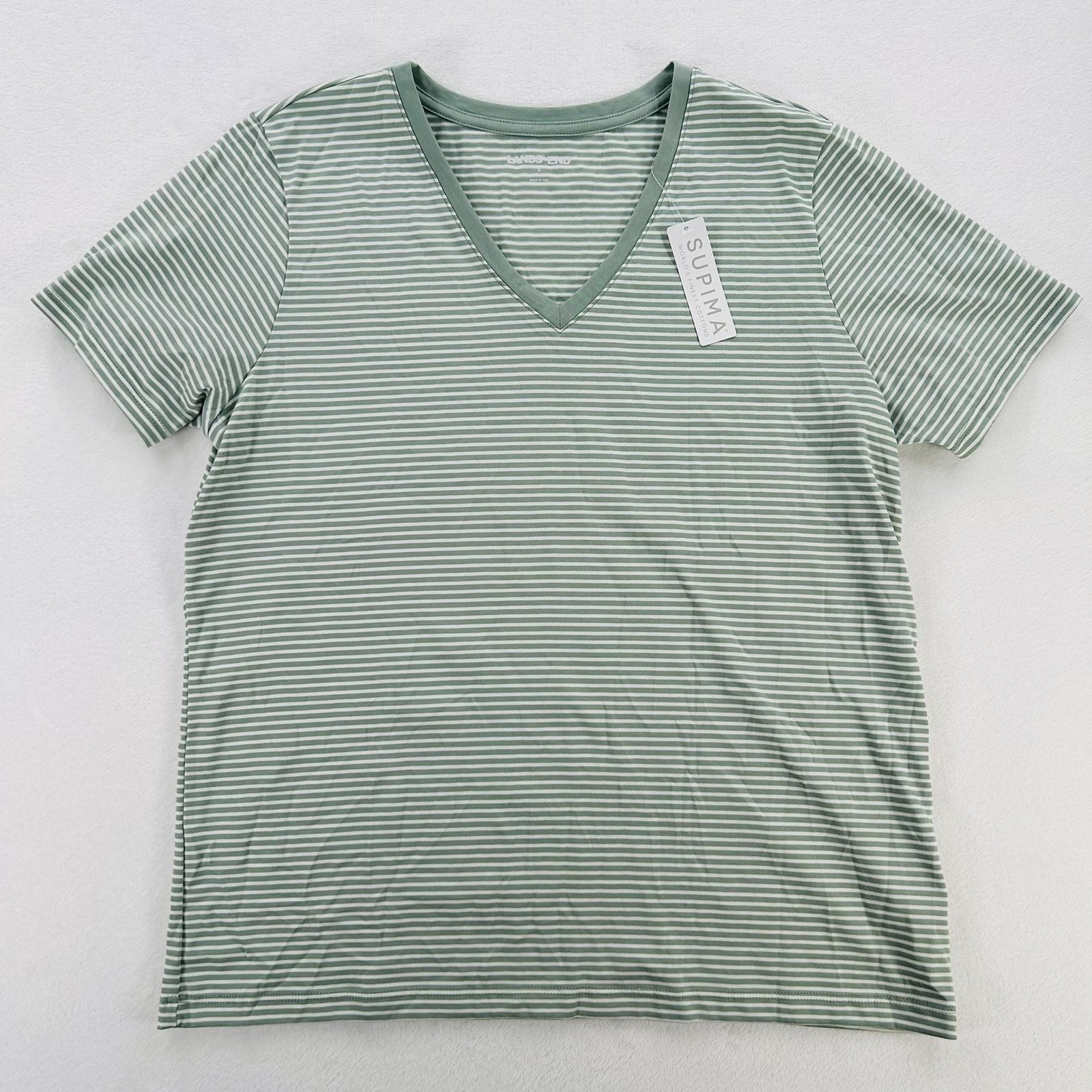 Lands End Shirt Womens Small Green White Stripe Supima V Neck Tee Cotton NEW