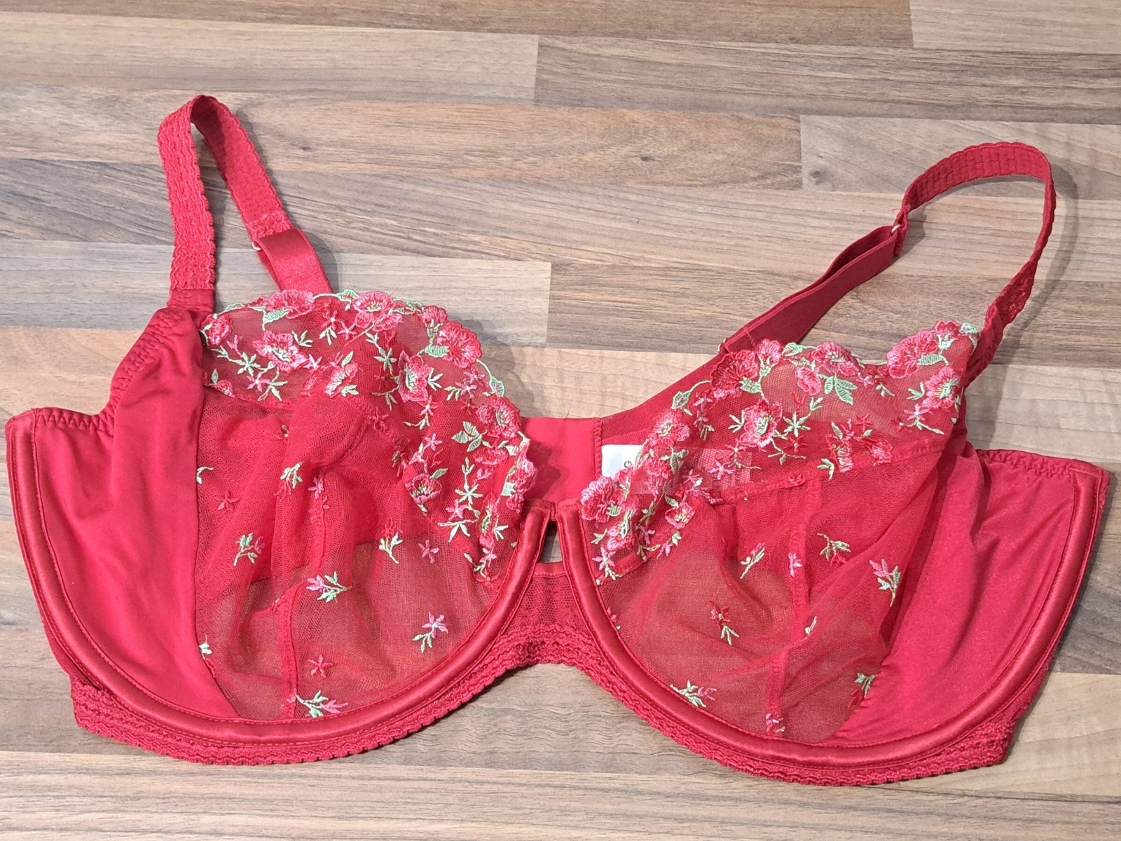 Womens Underwired Deep Red Embroidered Bra 38G