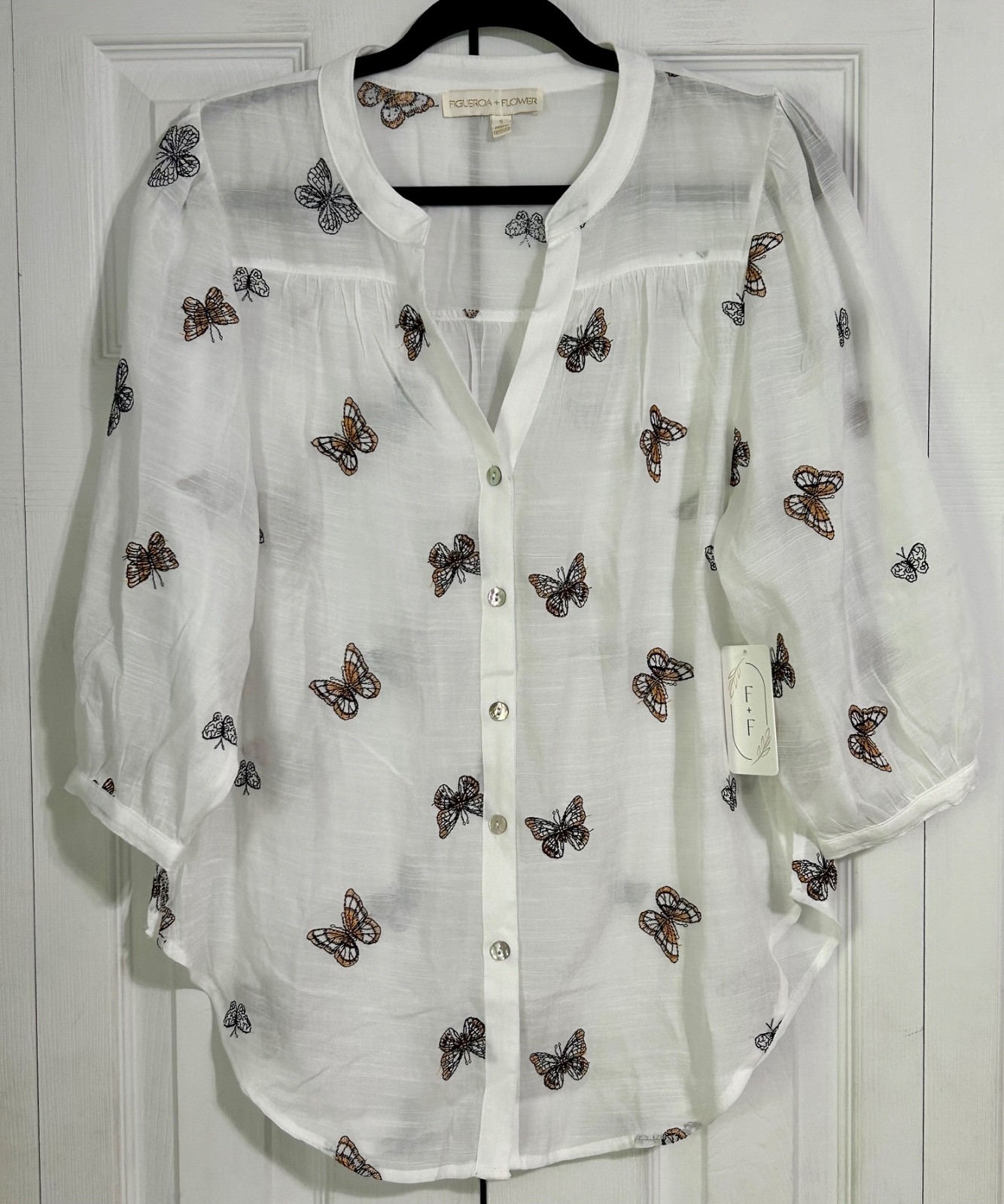 Fig & Flower Anthropologie Womens S Butterfly 3/4 Sleeves Blouse Embroidered NWT