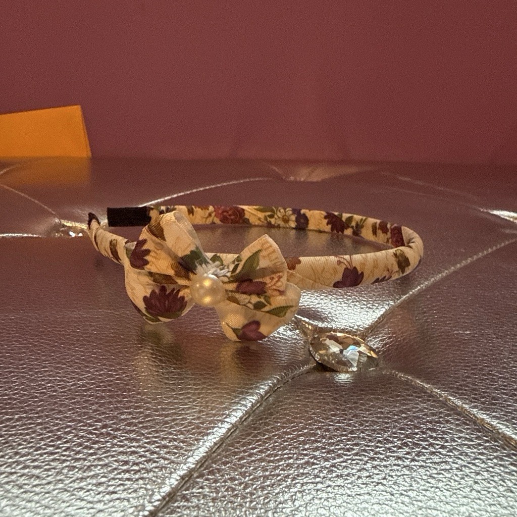 Floral Fabric Headband Bow w/ Pearl & Rhinestone Accents, Adjustable Beige Brown