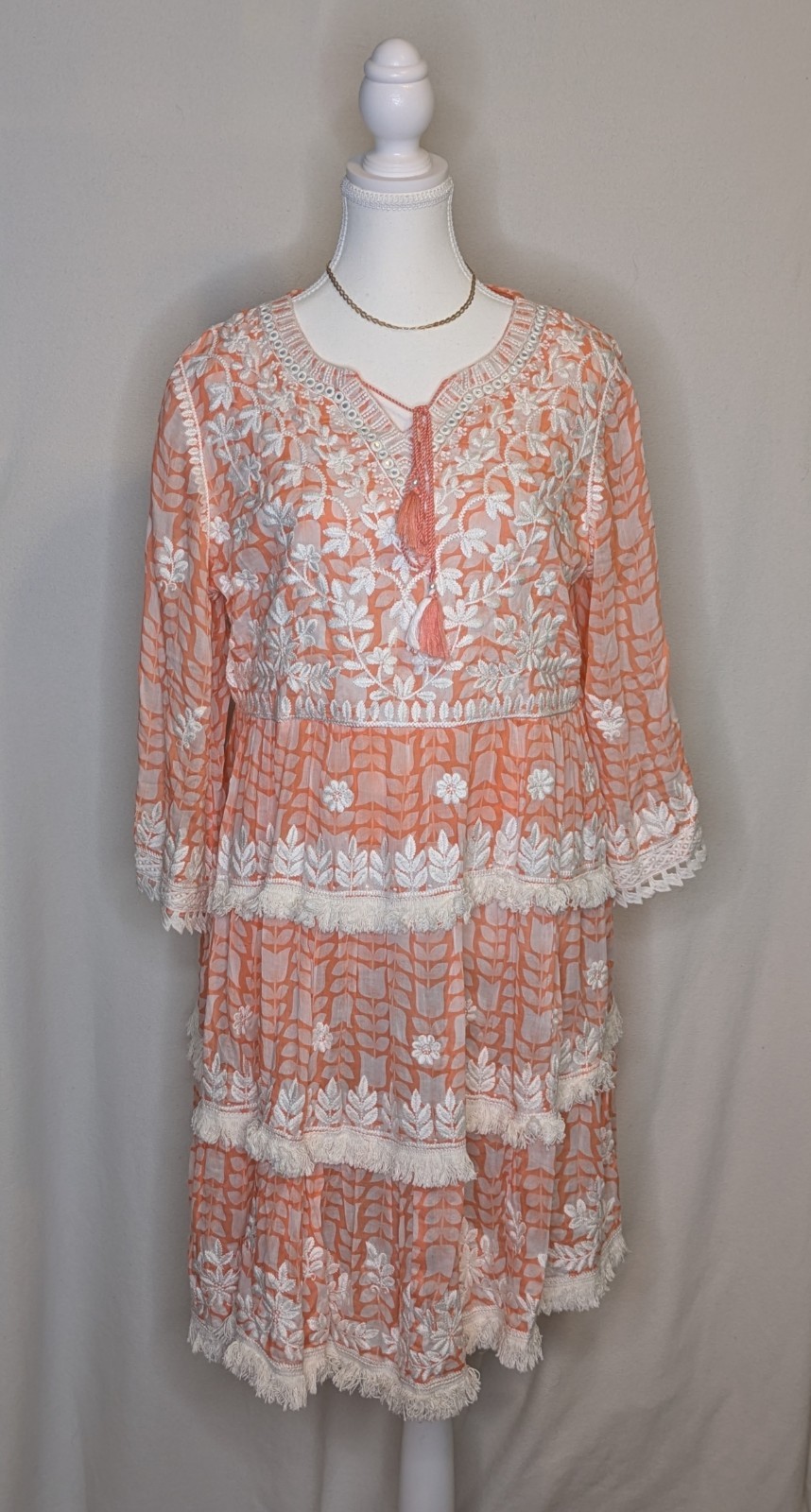 Bairaas Embroidered Boho Dress Size 42 Peach White Tassel Tiered Fringe EUC