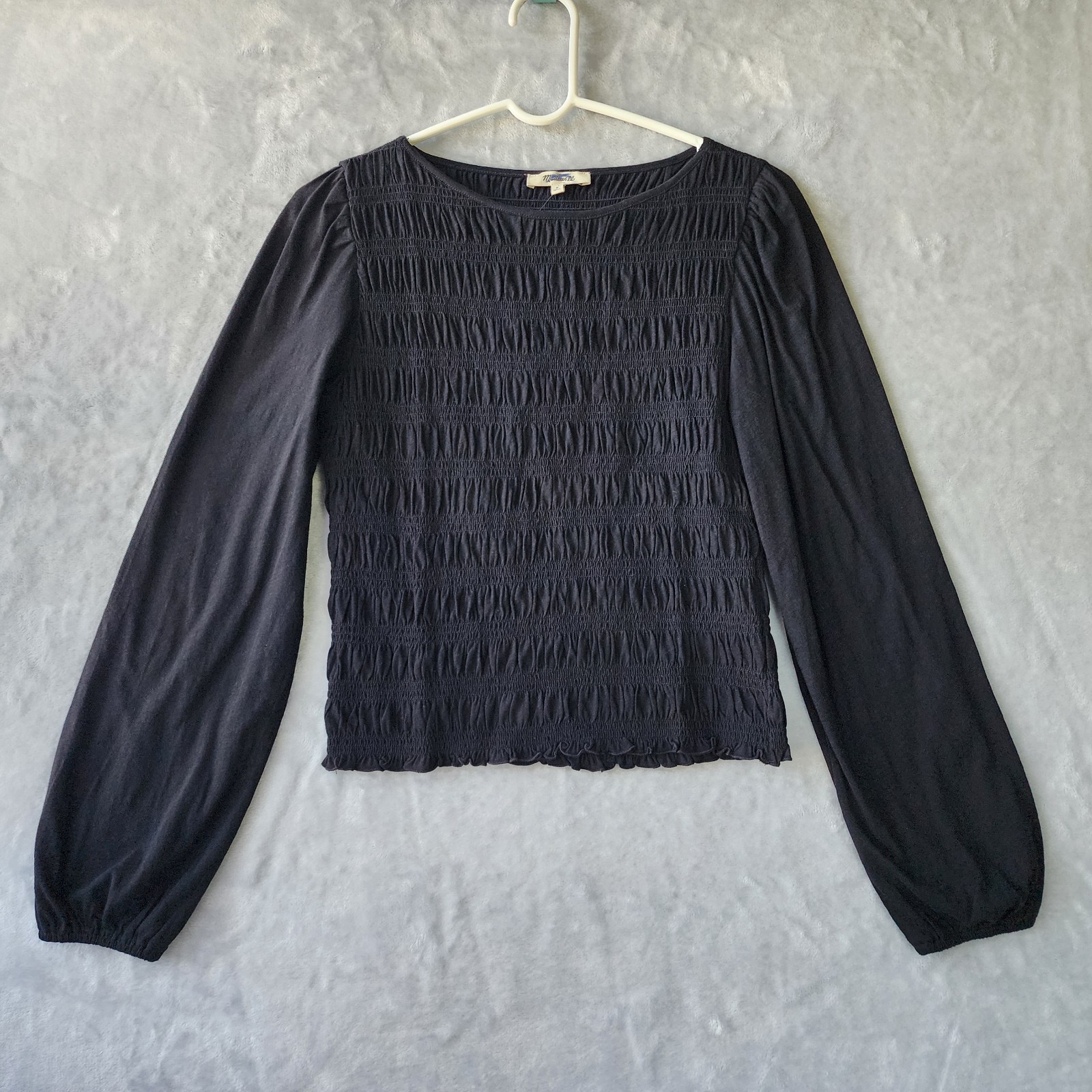 Madewell Top Womens Size Small Smocked Boatneck Jet Black Puff Sleeve Ruffle Hem