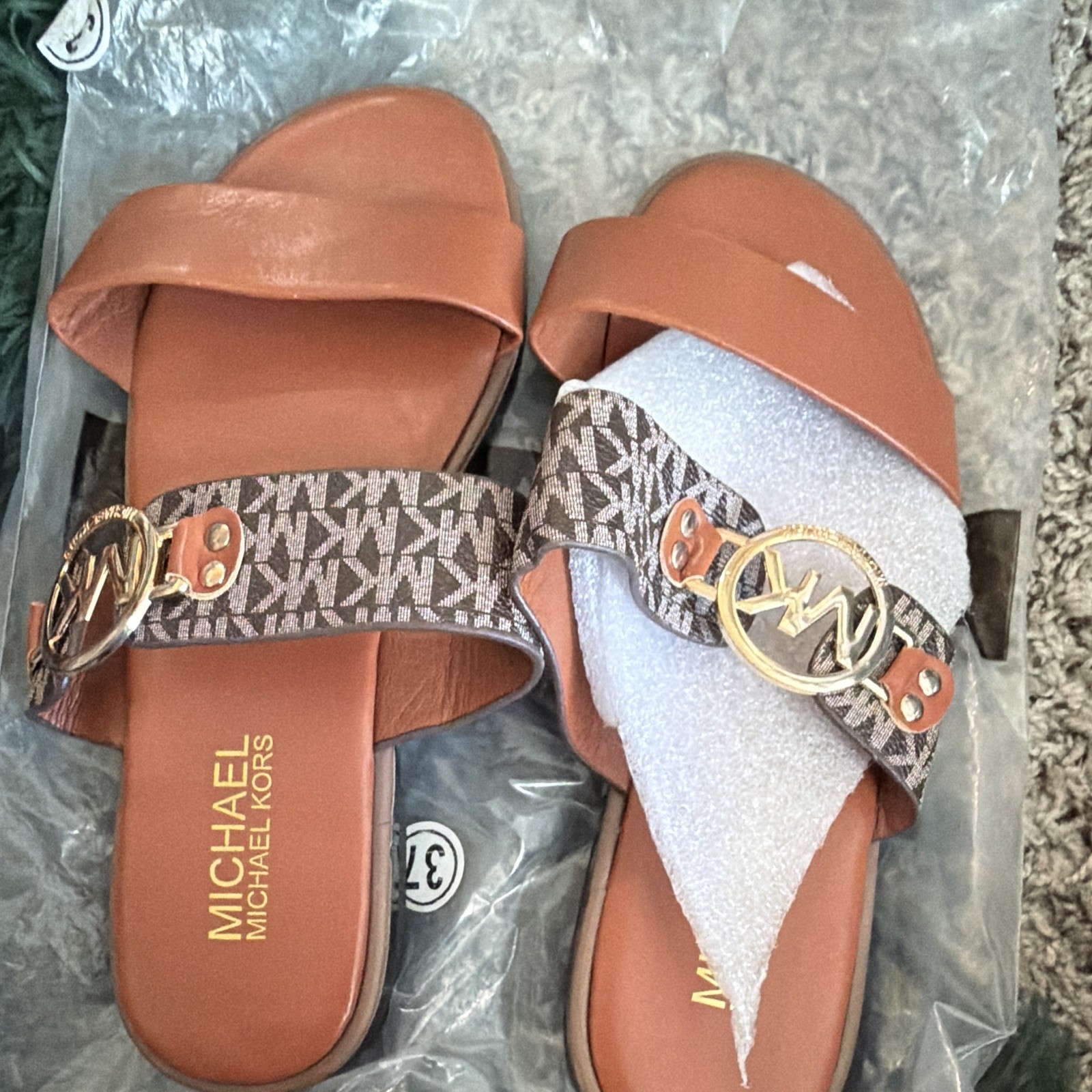 Michael Kors Women’s Brown Slide Sandals Slip-On with MK Logo Strap Accent