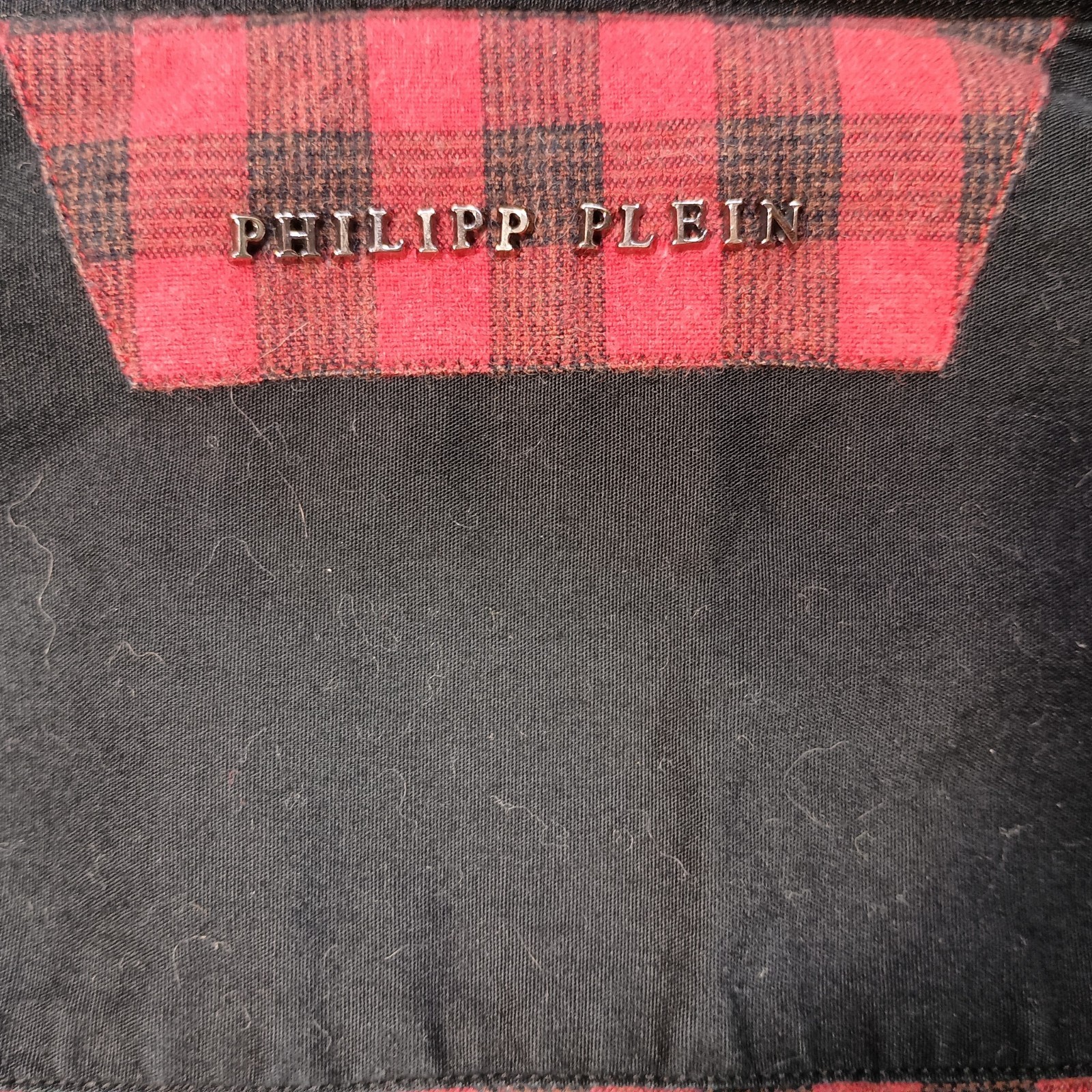 PHILIPP PLEIN Skull Metal Logo Checked Diamond Cut Shirt Red Black Mens Small