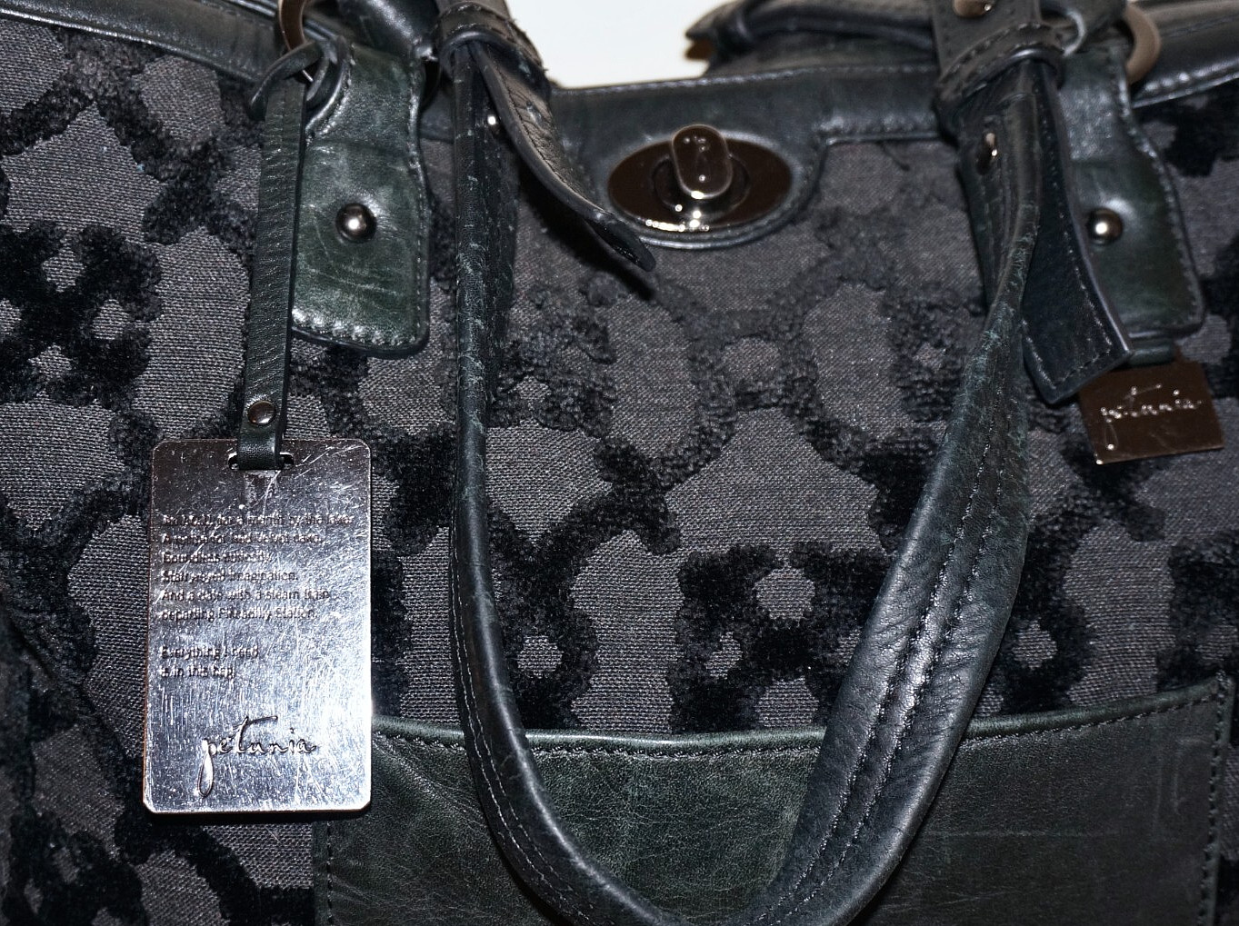 PETUNIA Large Black Velour-Canvas Textile & Leather Tote Handbag 15×12