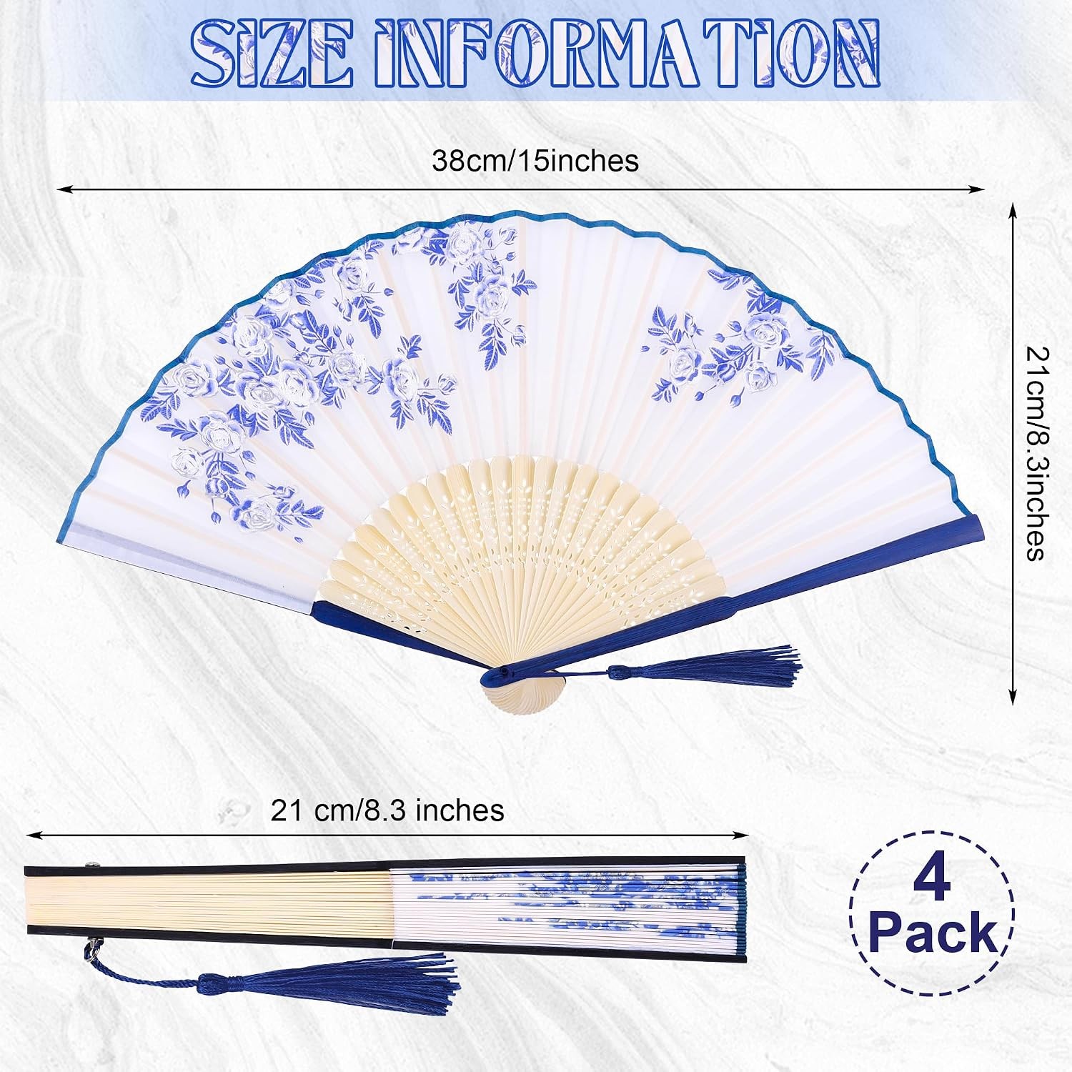4 Pieces Folding Fans, Silk Fabric, Hand Holding Fans, Retro Style, Color D