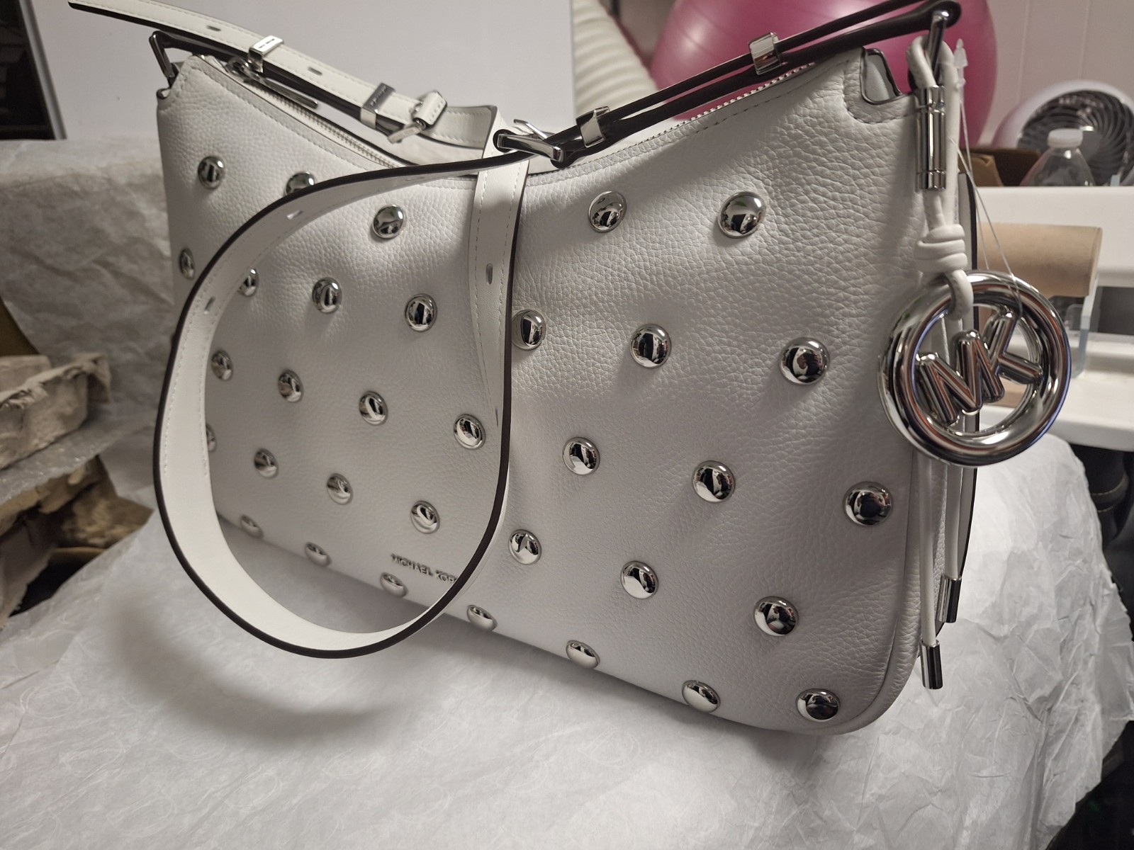 Michael Kors Nolita Medium Zip Convertible Shoulder Bag Optic White Leather
