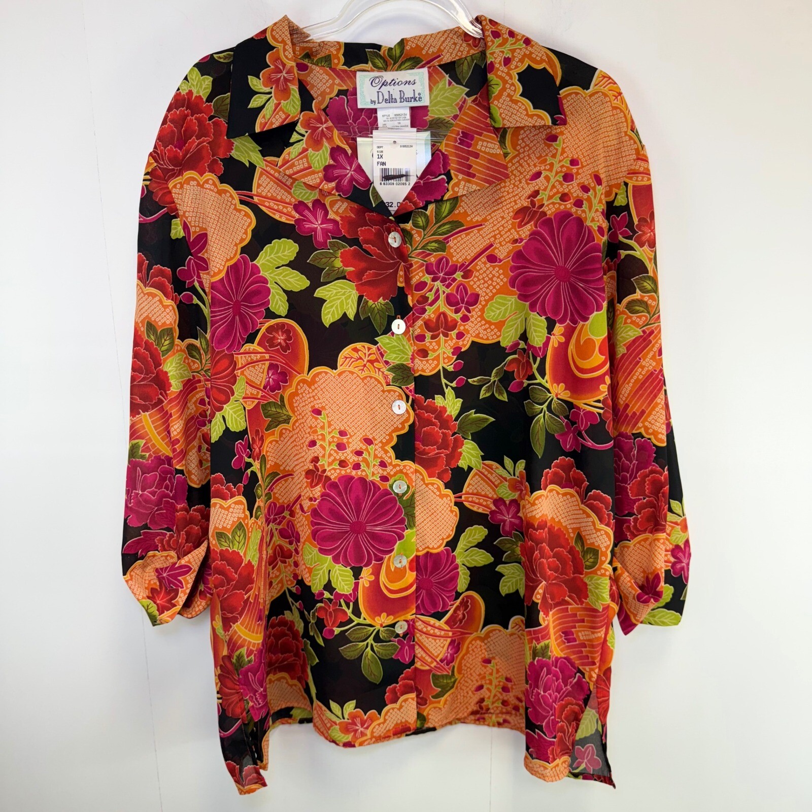 Options by Delta Burke Floral Button Down Blouse Size 1X Tropical Resortwear NEW