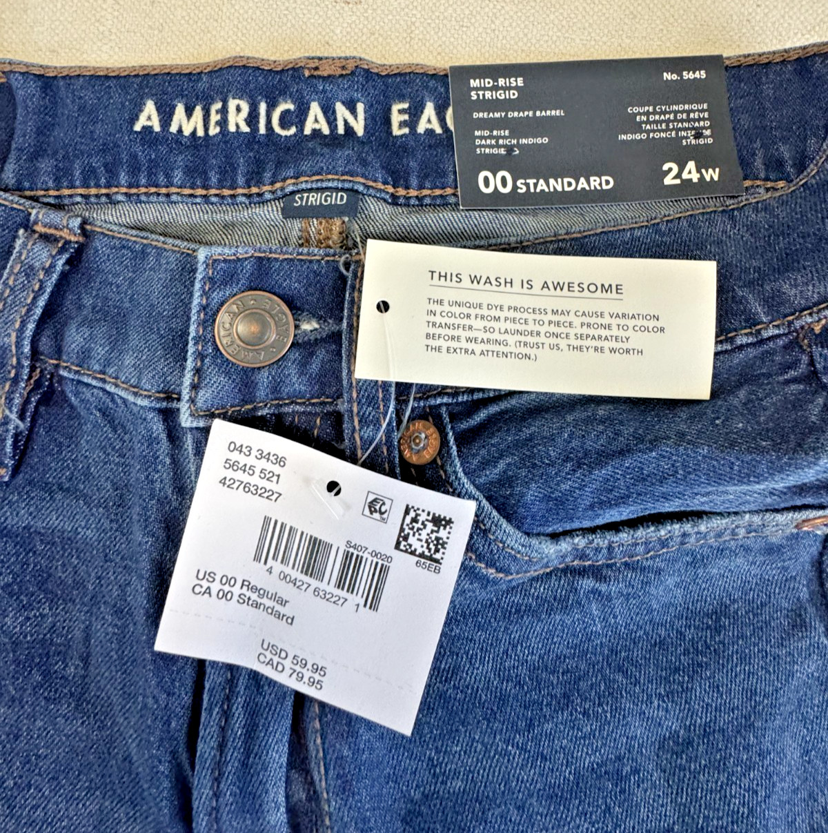 American Eagle Womens Dreamy Drape Barrel Mid Rise Blue Strigid Jeans NWT