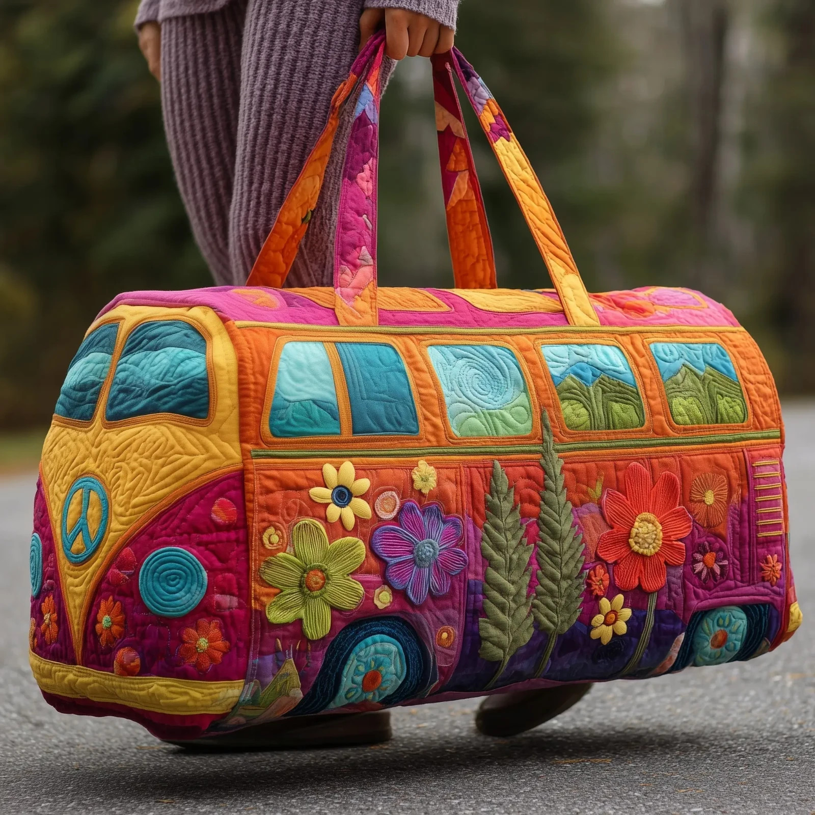 Unisex Boho Quilted Weekender Bag – Large Hippie Van Quilted Duffle Bag Carry-on