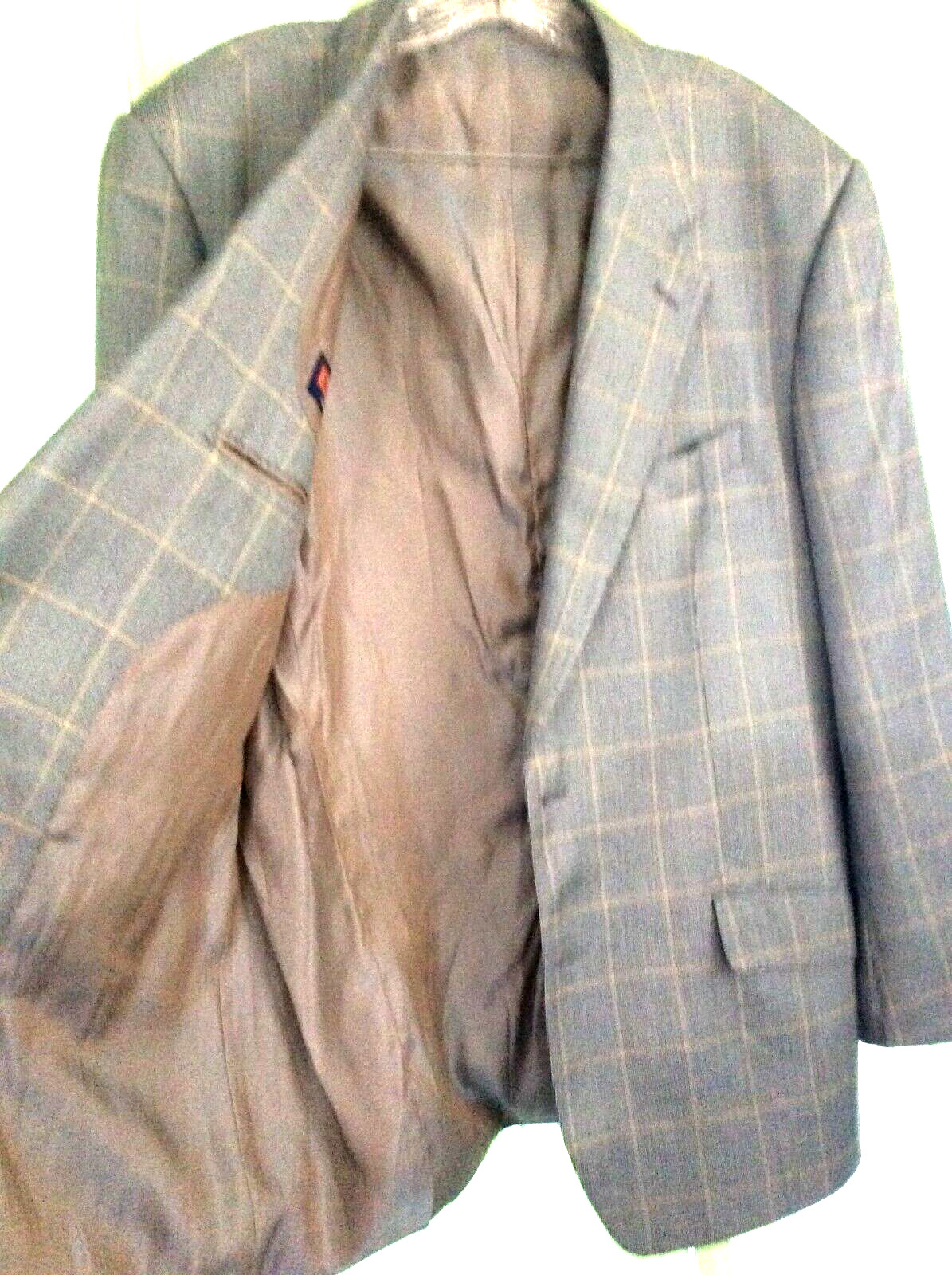MENS SZ 44 R E. THOMAS COAT SUIT JACKET SMOOTH Checks on Gray Wool Silk