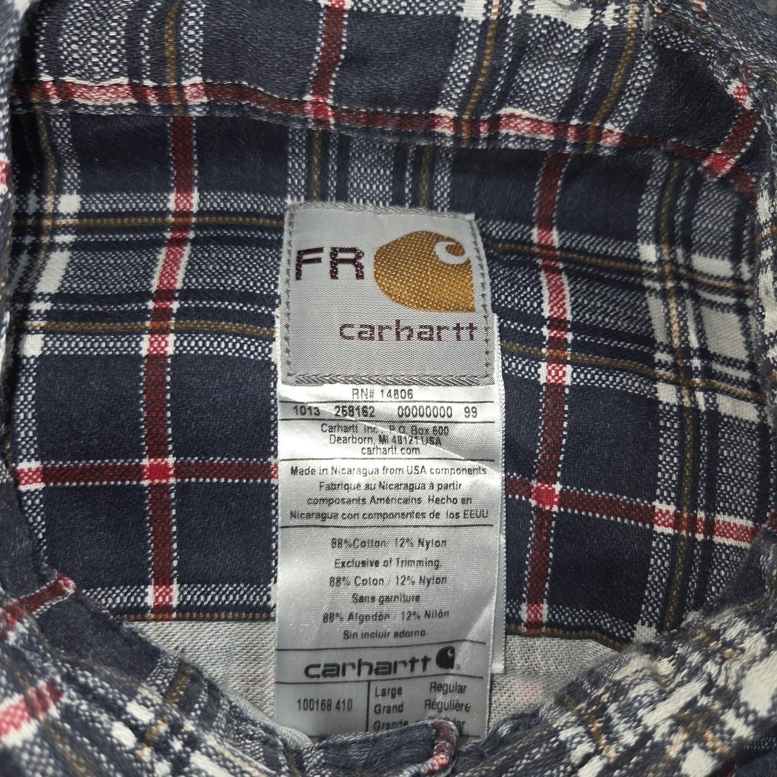 Carhartt Shirt Mens Large Blue Plaid FR Flame Resistant Workwear NFPA 2112