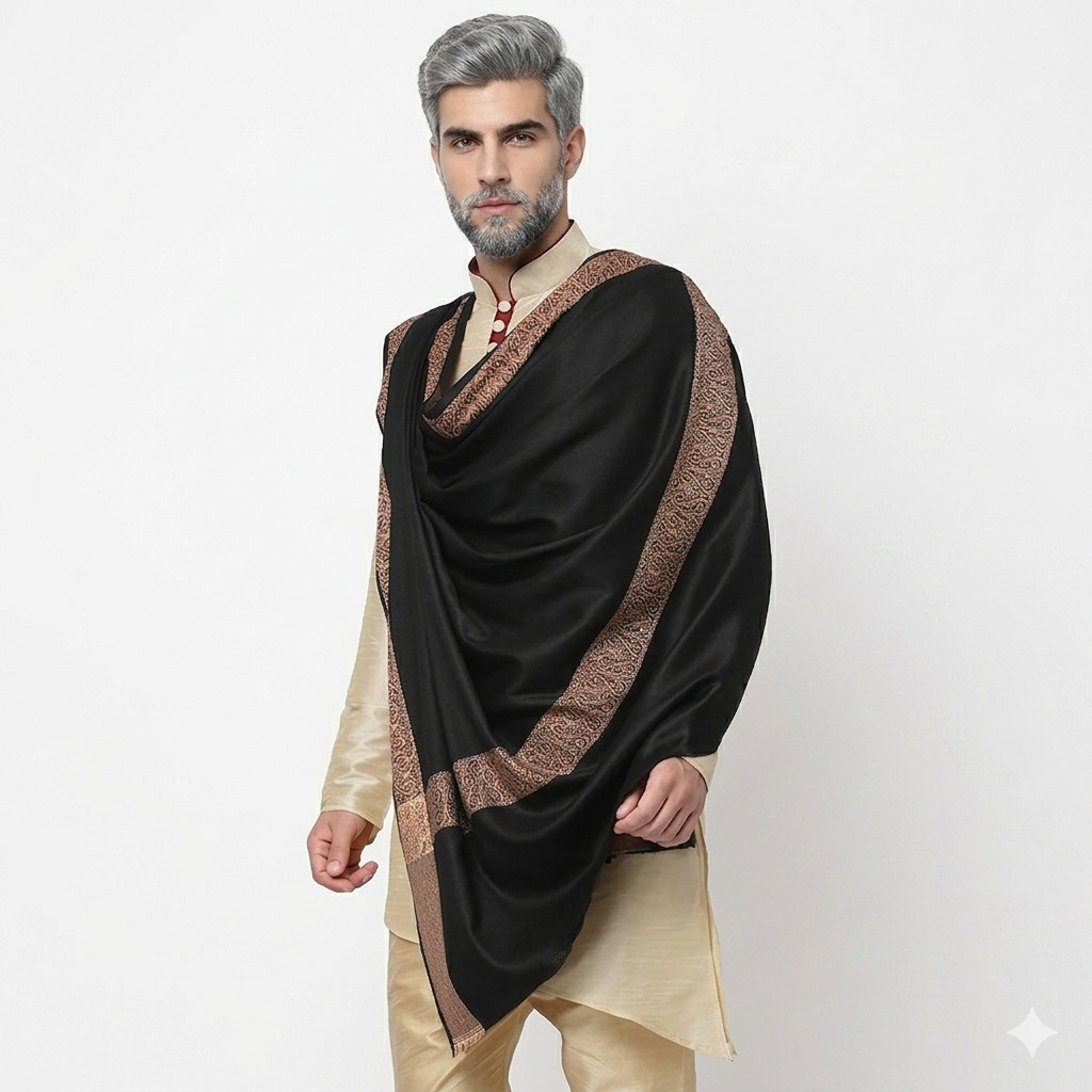 Men’s Poly-Wool Lohi Shawl: 4-Side Jacquard Border, 50×100 Inches