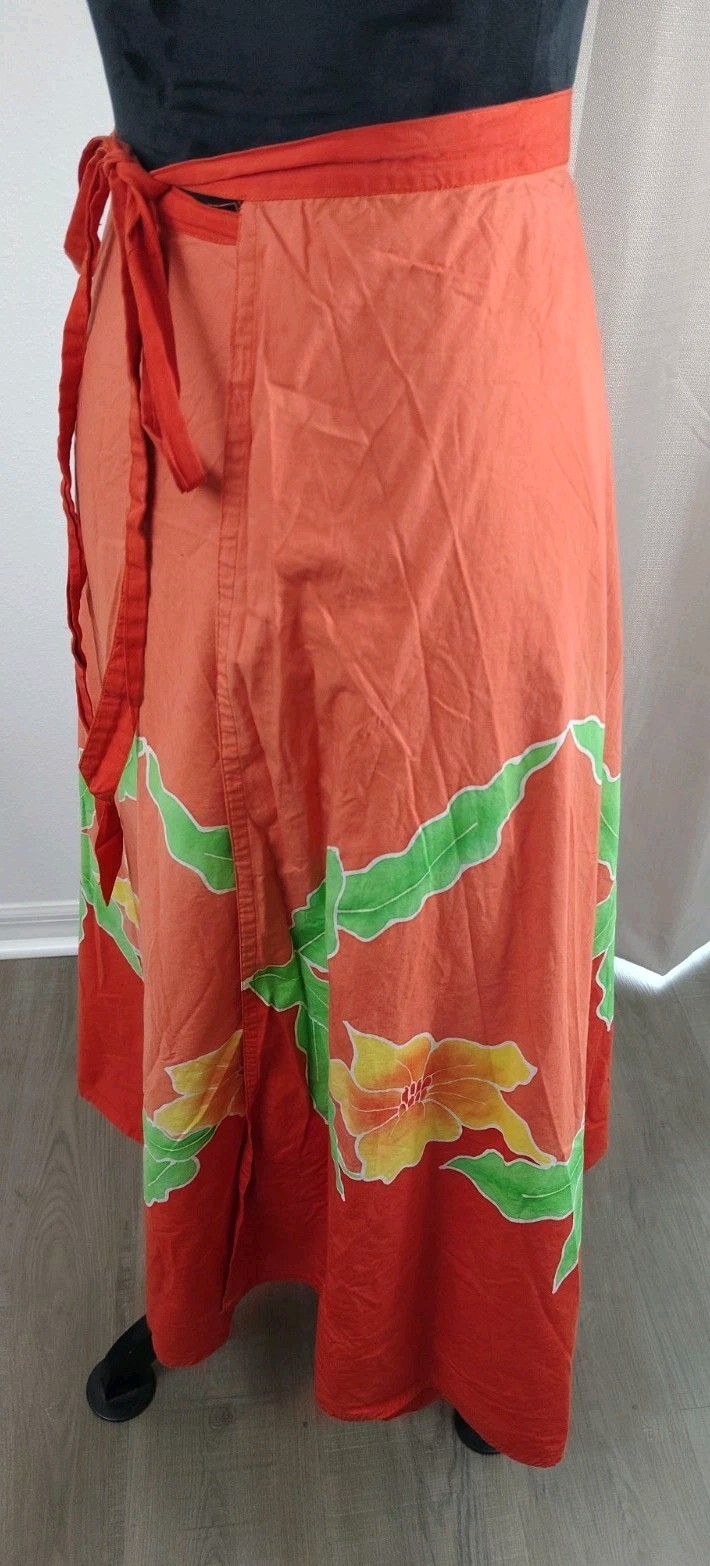 Vintage 70s Bali by Sarinah Batik Wrap Maxi Skirt – Orange Tropical Hibiscus
