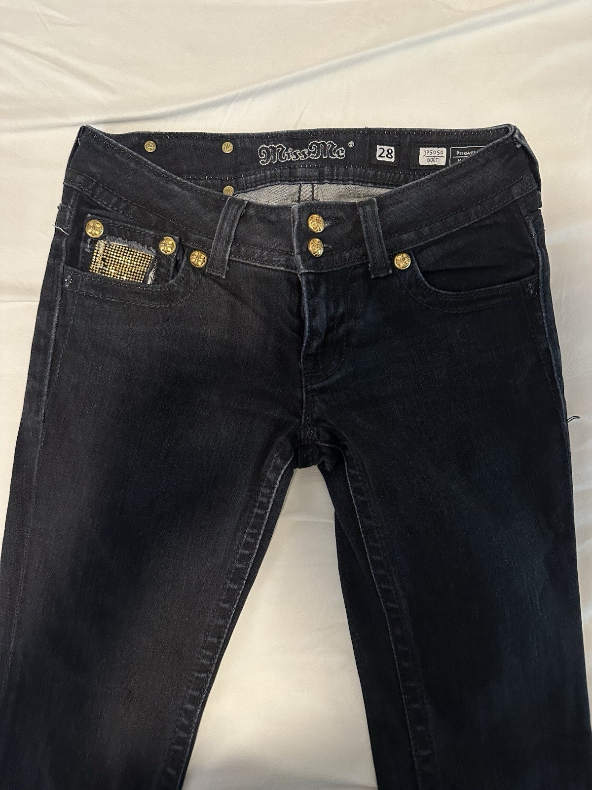 Miss Me Women Bootcut Jeans Black Dark Wash Low Rise Stretch Rhinestone 28