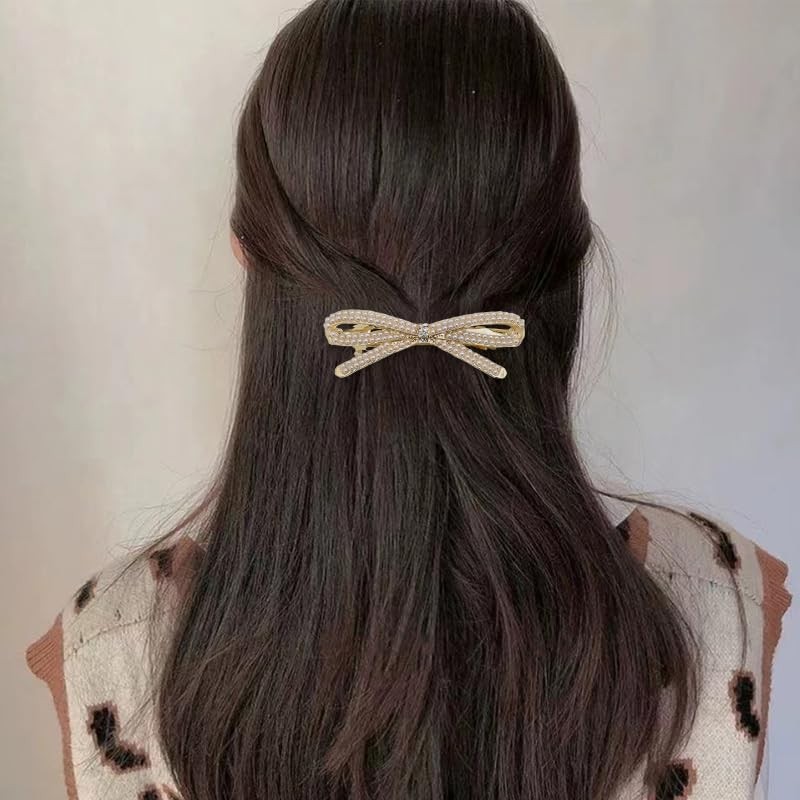 French Bow Crystal Rhinestone Pearl Hair Clips Barrette Gold Bridal Wedding