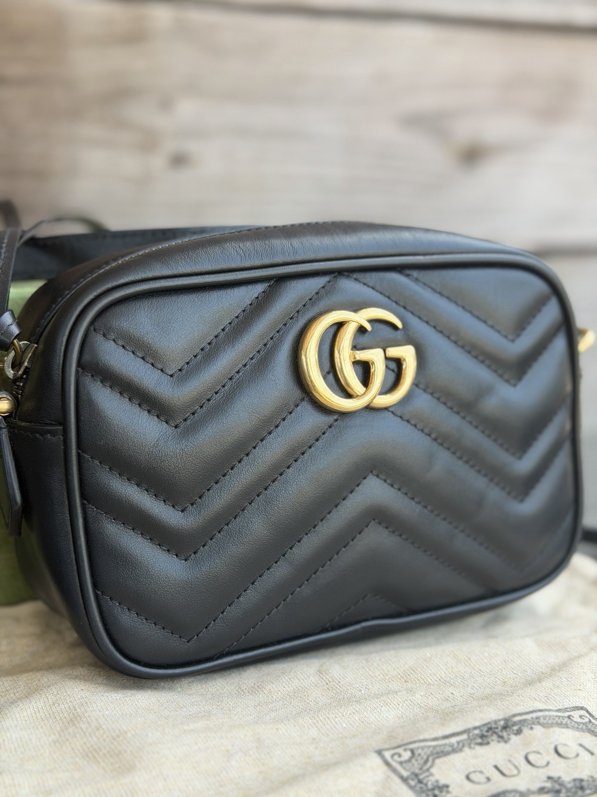 Gucci Calfskin Matelasse Mini GG Marmont Chain Shoulder Bag Black