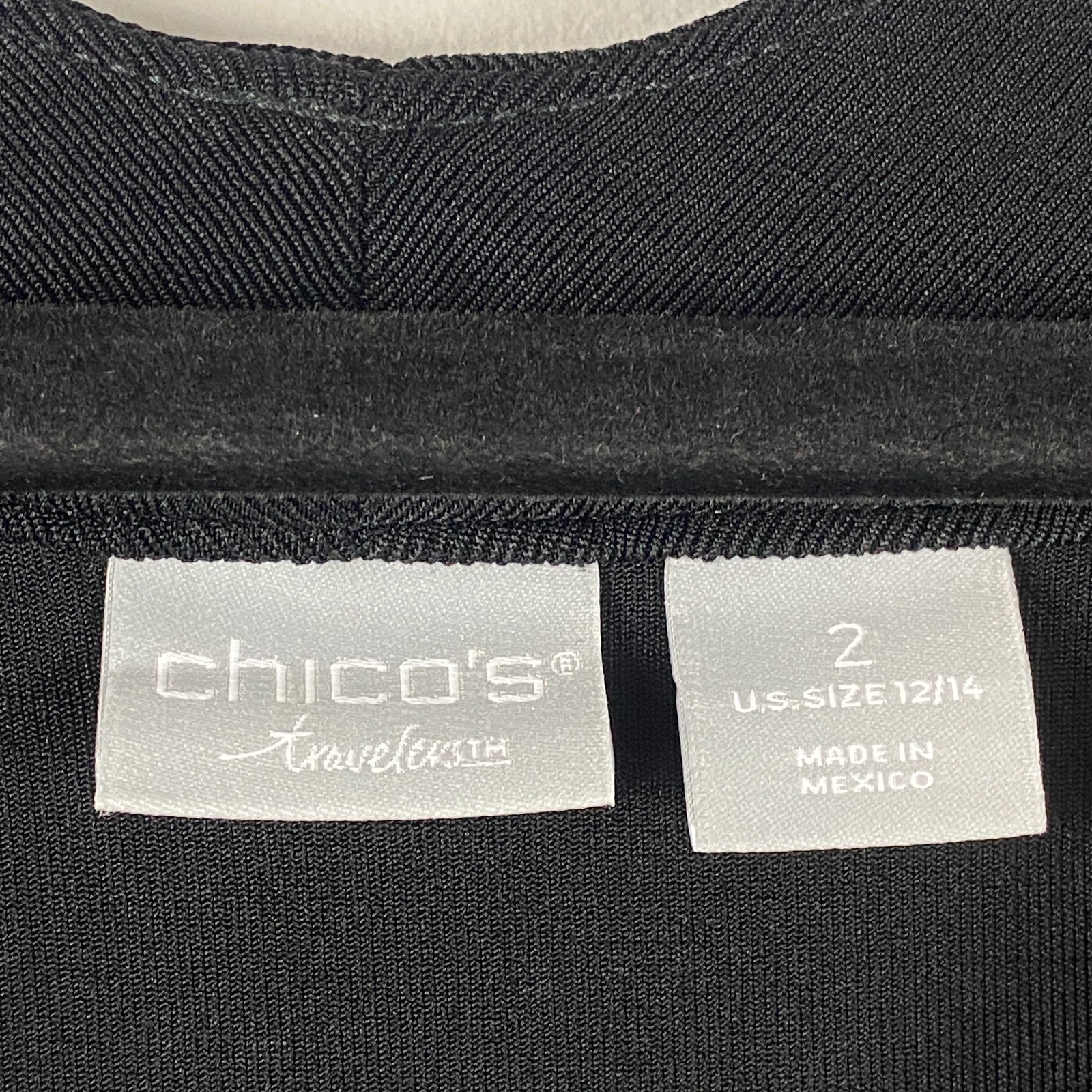 Chicos Travelers Top Size 2 US Large Black Slinky Knit V Neck 3/4 Sleeves