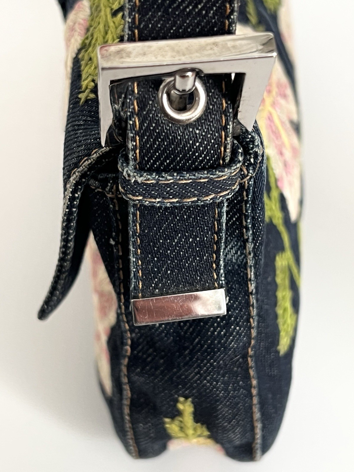 Authentic Vintage Fendi Y2K Indigo Denim Floral Embroidered Baguette Handbag