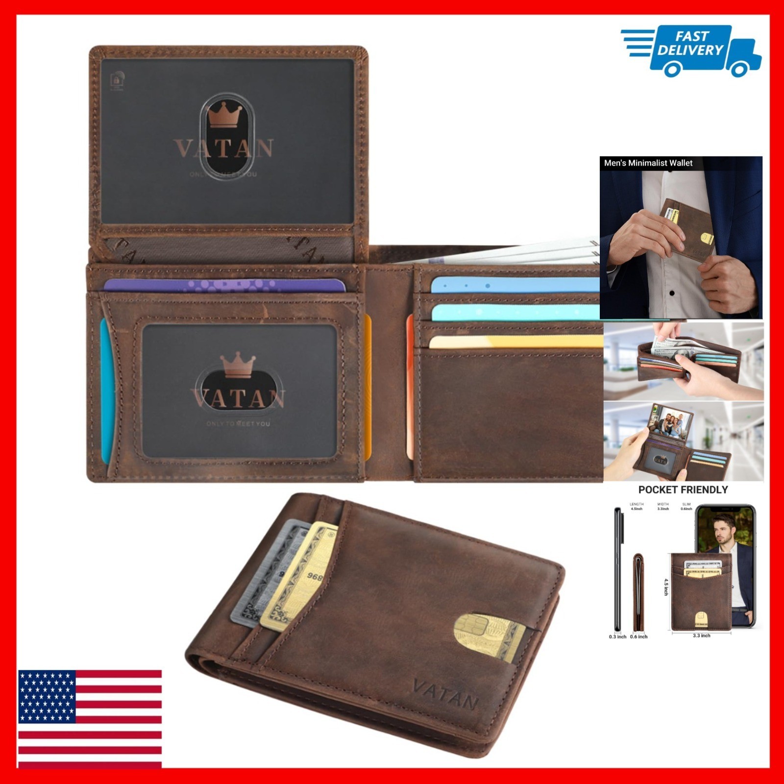 VATAN Slim Bifold RFID Blocking Leather Wallet for Men – 15 Card Holder
