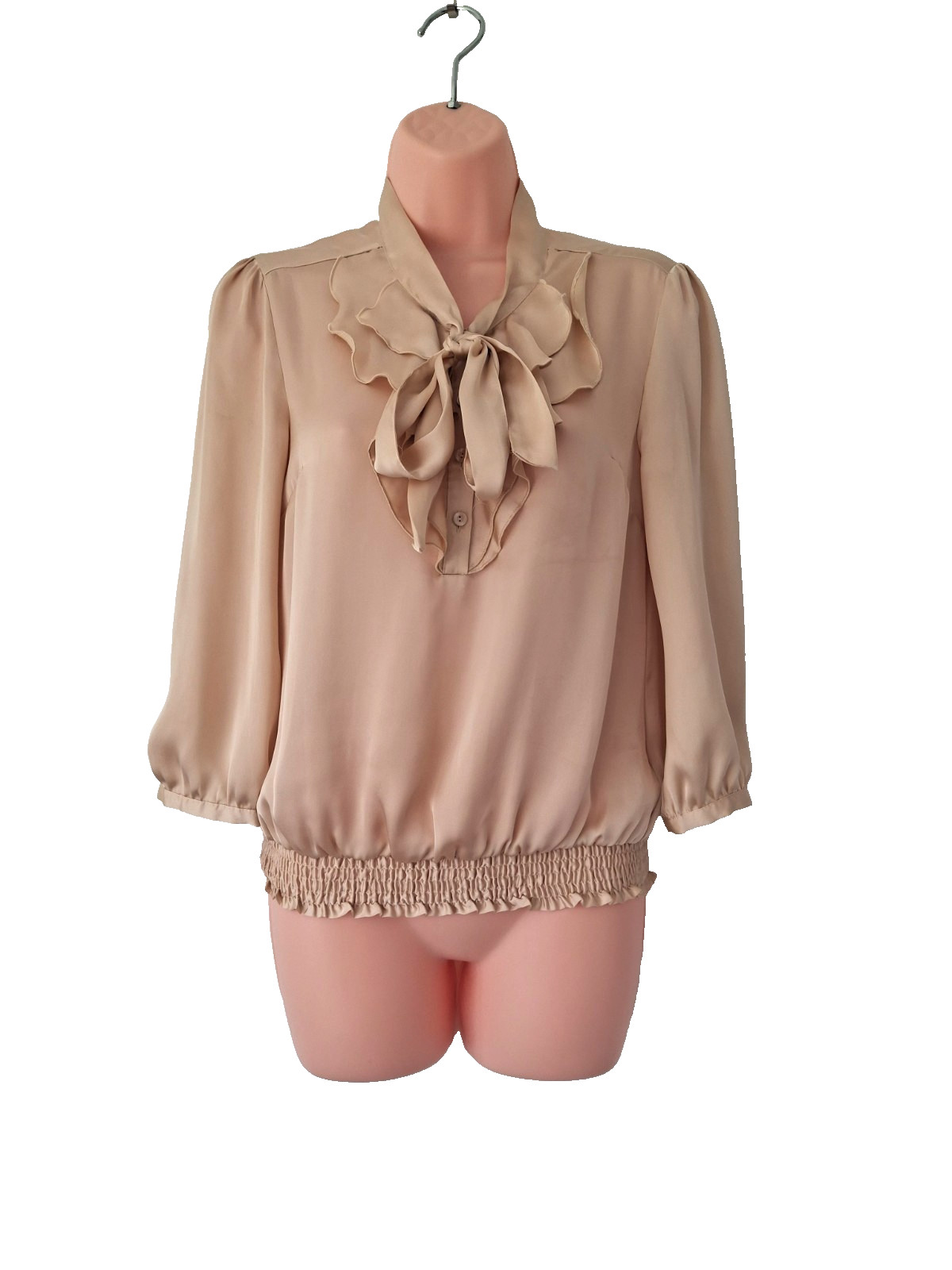 Debenhams Womens Gold Beige Blouse Size Uk 8 Petite Pussybow Bow Casual Workwear