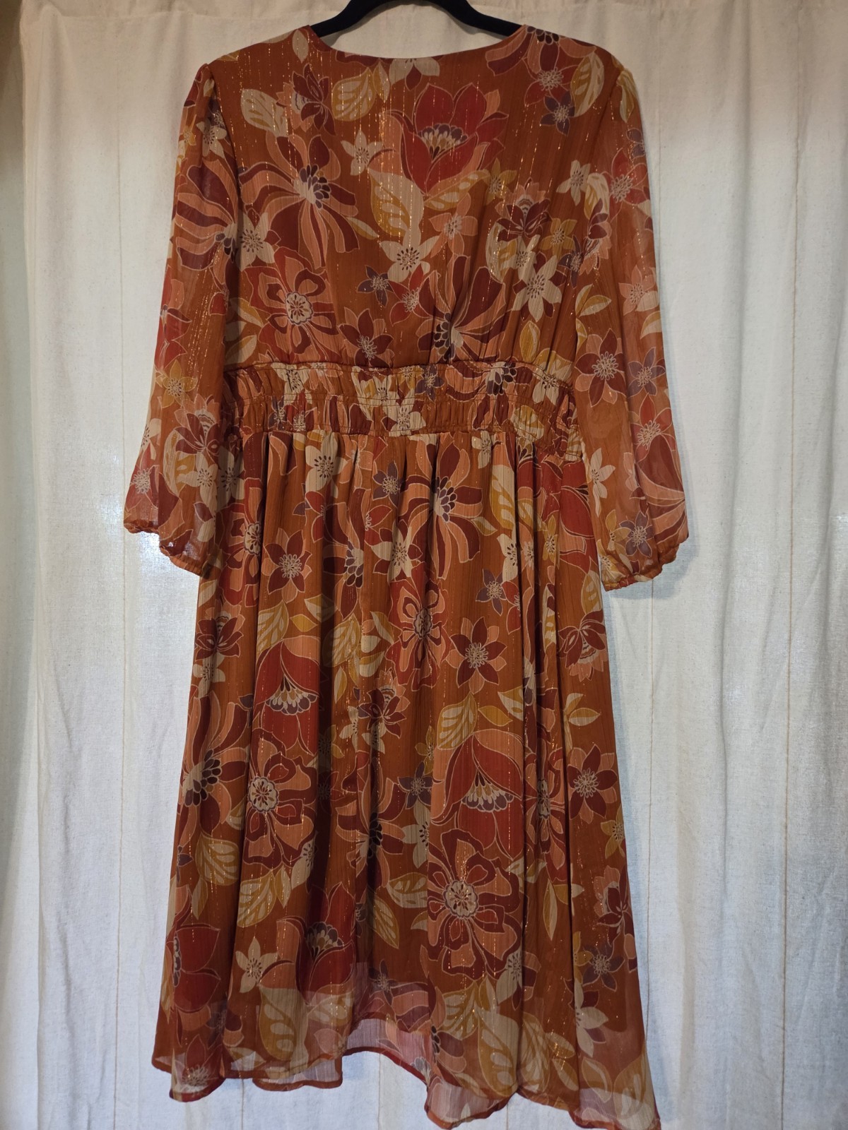 Chenault Fit & Flare Floral V-Neck 3/4 Sleeve Knee Dress Orange XL