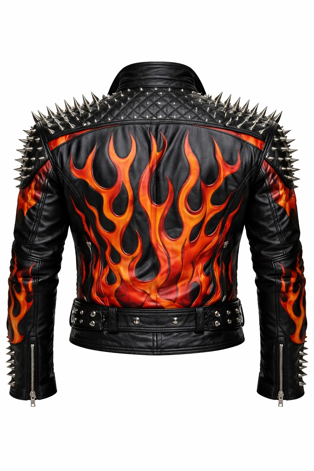 Men’s Studded Black Leather Biker Jacket Flame Design Punk Rock Motorcycle