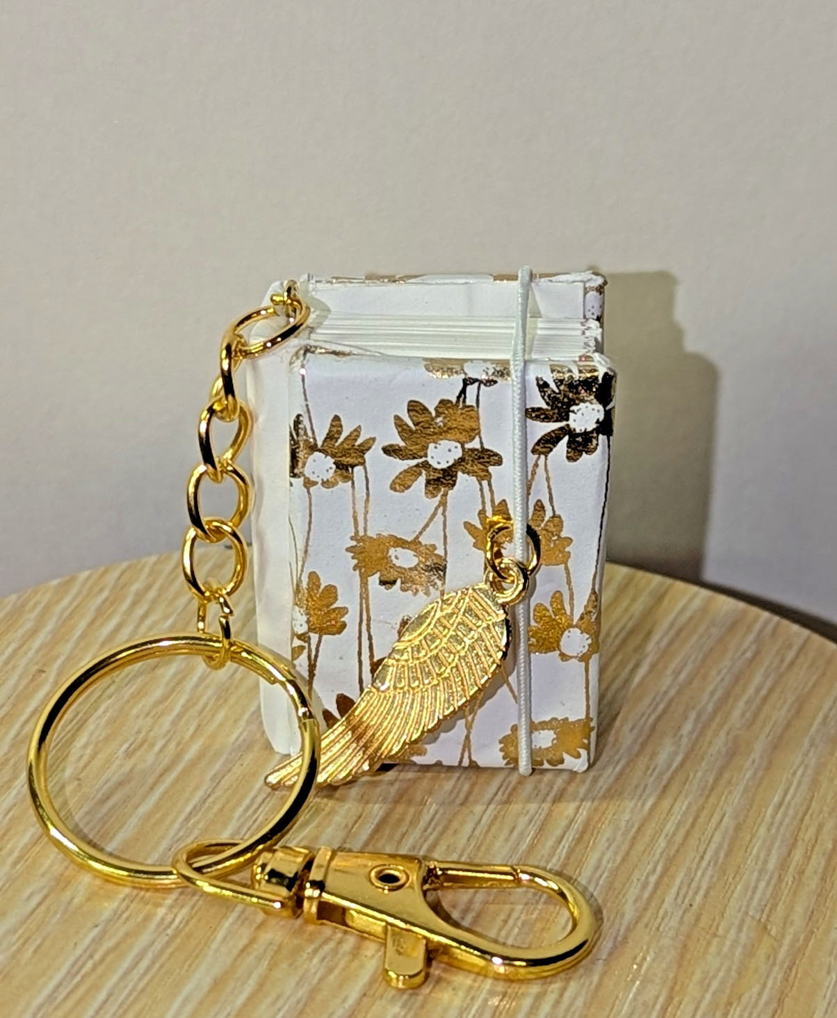 Handmade Gold and White Mini Journal Keychain | One-of-a-Kind