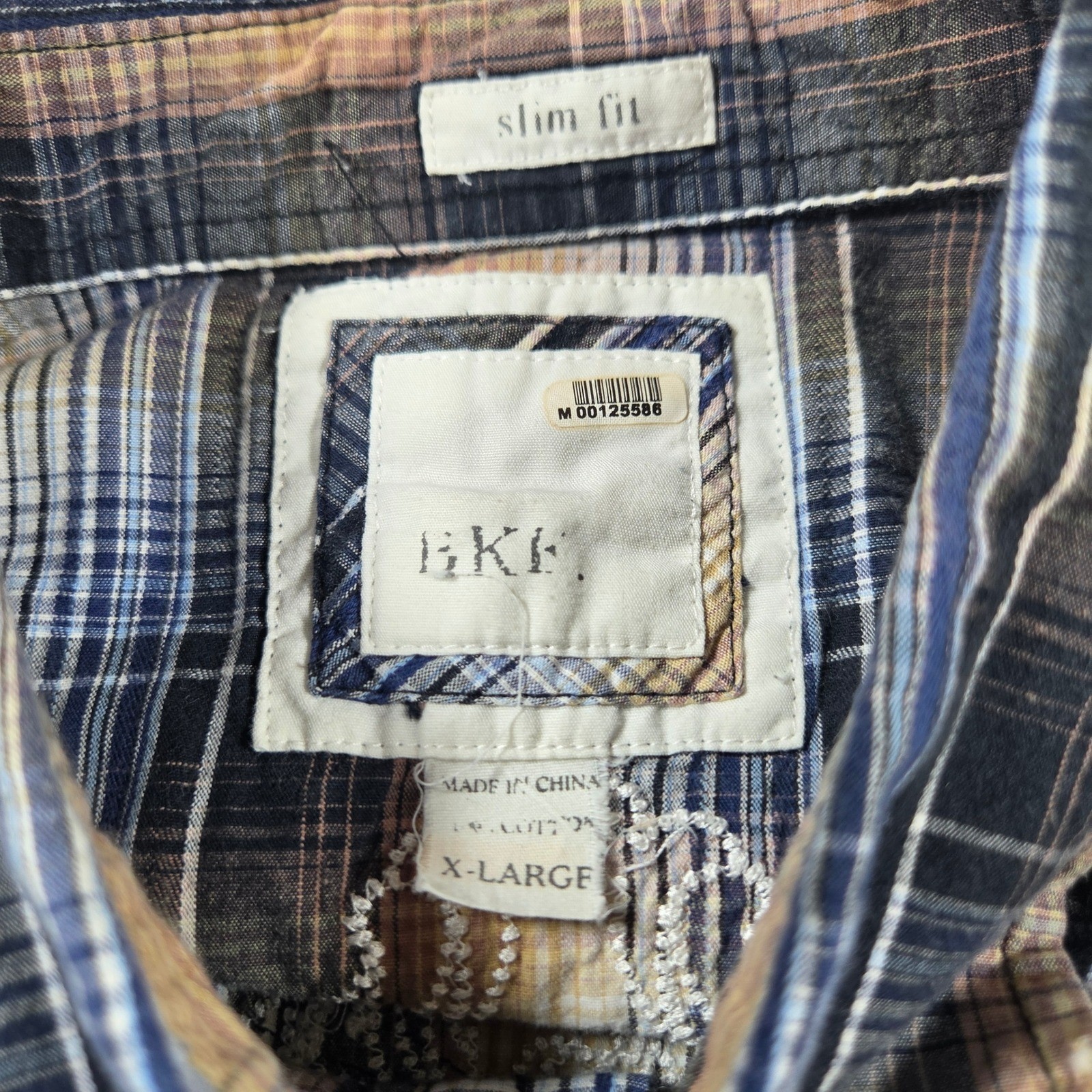 BKE Slim Fit Mens Western Snap Shirt XL Plaid Distressed Embroidered Blue Tan