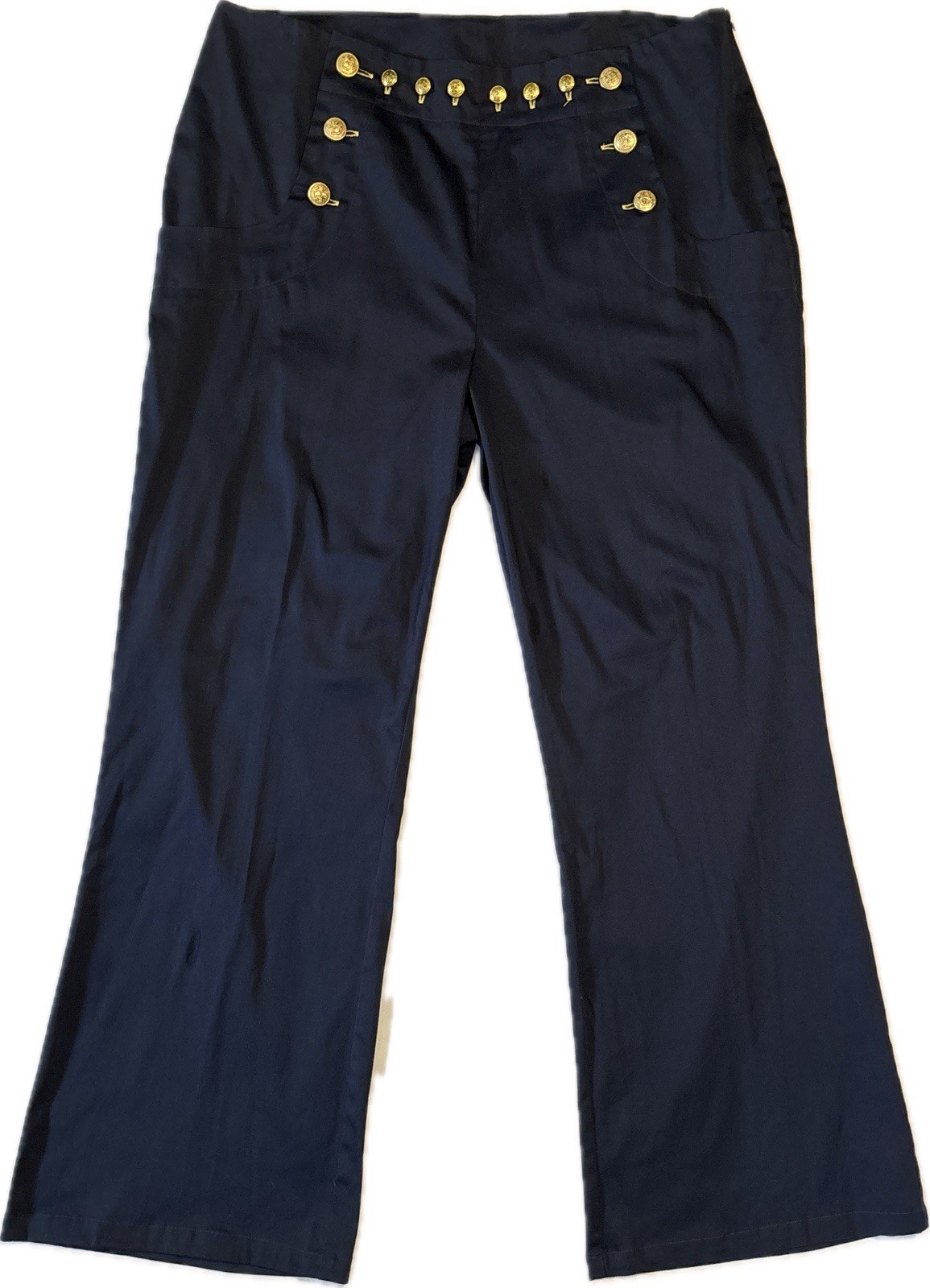 Navy Blue Sailor Pants Gold Buttons Flare Leg Side Zip VIA ? IVA Women’s Sz 16