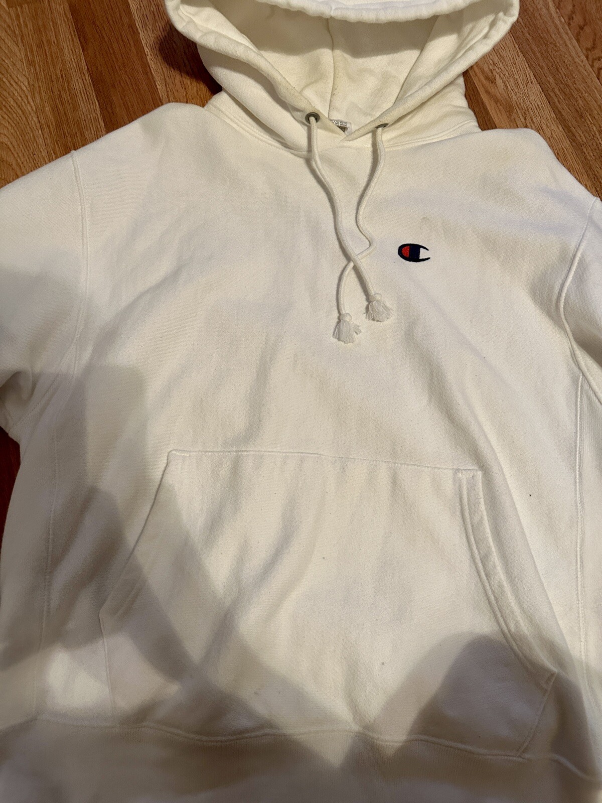 Champion Reverse Weave Patch Logo White Pullover Hoodie Men’s Size Large