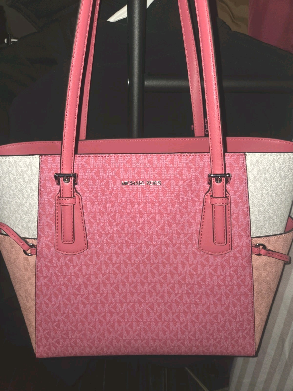 Michael Kors Pink Monogram Tote Bag Zip Closure Double Handles, Lined Pockets