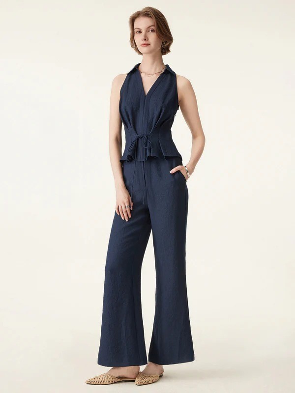 OGL 2Pcs Set Collared V-neck Sleeveless Top & Mid Rise Flared Pant with Pockets