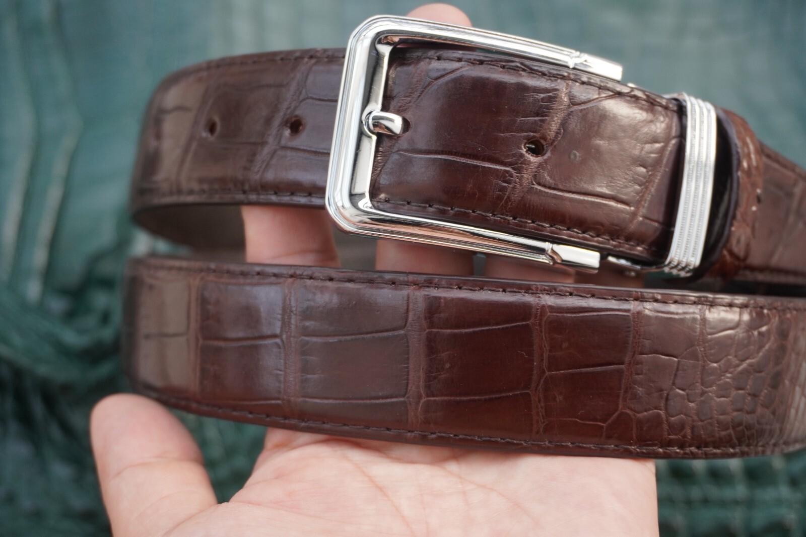 W1.3 inch Brown Real Crocodile Belly Leather Skin Men’s Belt Pin Buckle #K65