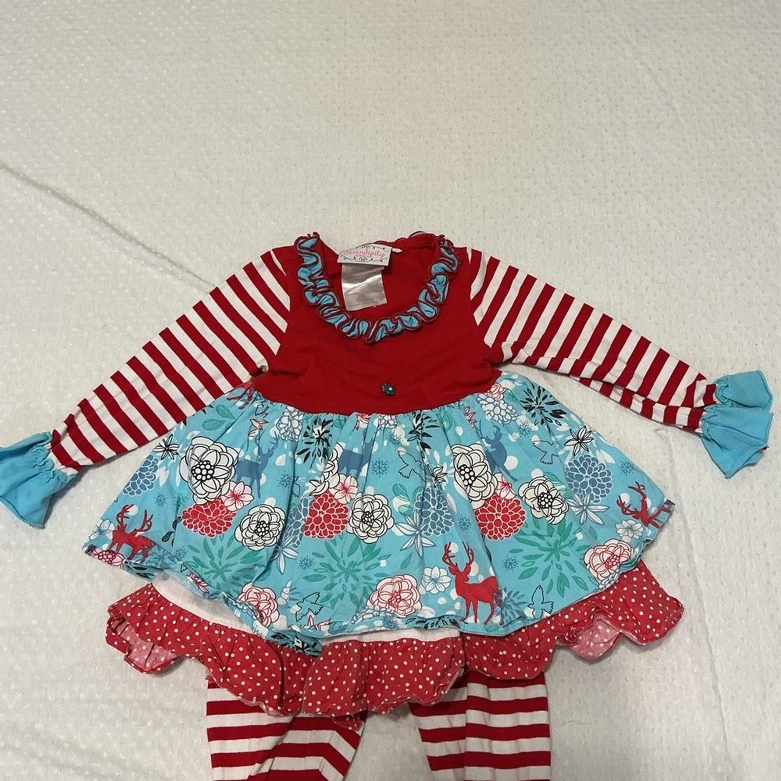 SERENDIPITY Red and Blue Striped Ruffle Tunic Dress & Legging Set 2T
