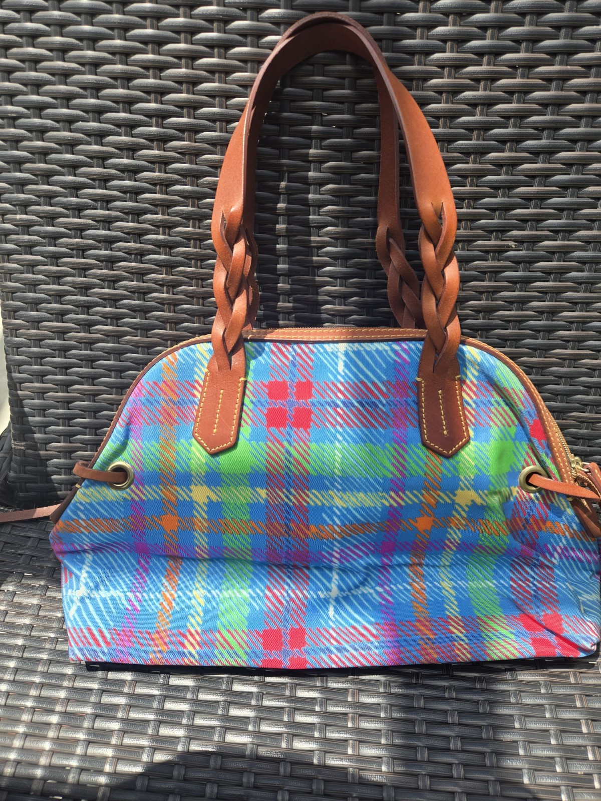 Dooney & Bourke Blue Multicolor Plaid Satchel Zip Red Lined Inner Pockets