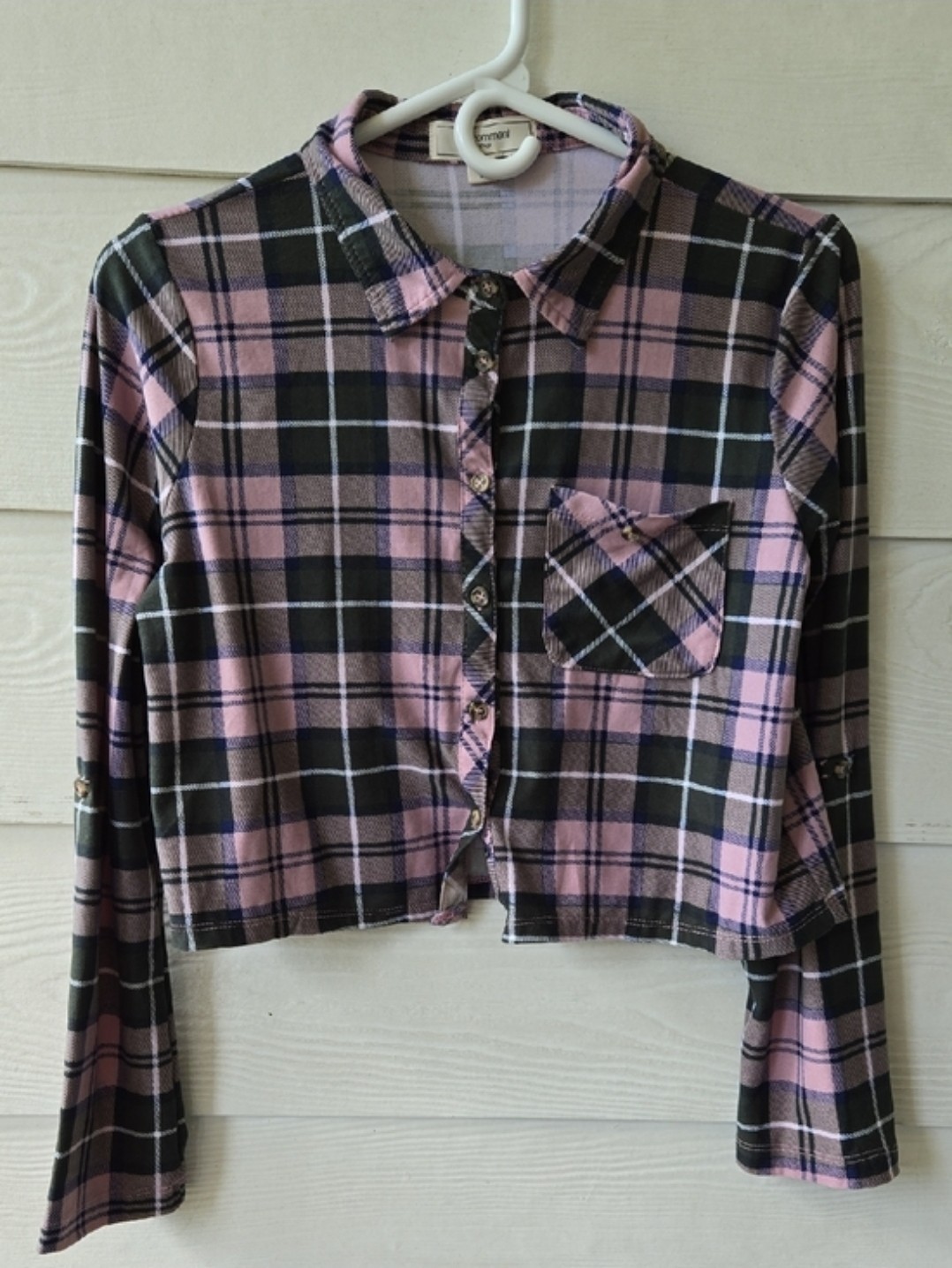 no comment NY.LA Women’s M Pink/Black Plaid Cropped Button-Up